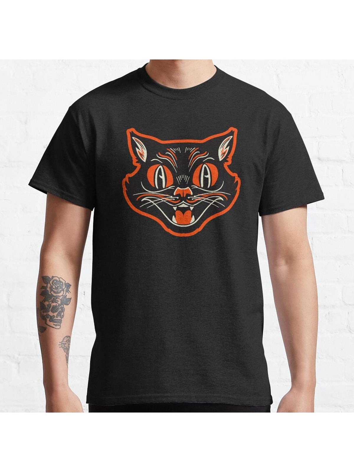 Retro Vintage Halloween Angry Black Cat Growling Face Classic T-Shirt 100% Cotton, Gifts for Men Dad Husband Grandpa, S-XXXL, Black