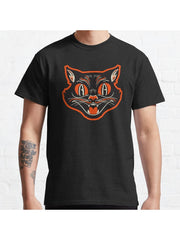 Retro Vintage Halloween Angry Black Cat Growling Face Classic T-Shirt 100% Cotton, Gifts for Men Dad Husband Grandpa, S-XXXL, Black