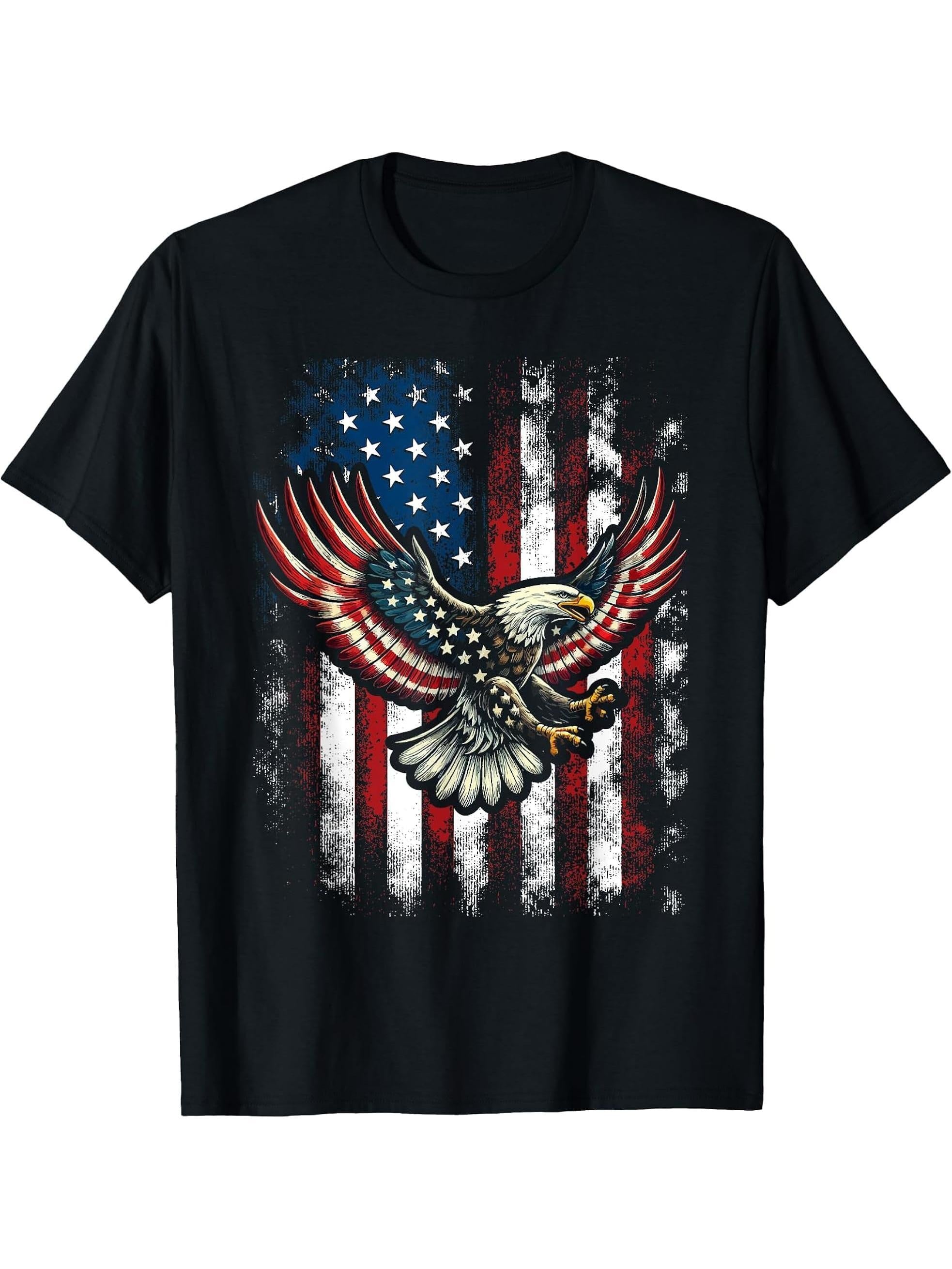 Bald Eagle 4th of July Christmas American Flag Country T-Shirt 180G 100% Cotton Printed Round Neck Short-Sleeve T-Shirt, Gifts for Men Dad Husband Grandpa, S-XXXL, Black