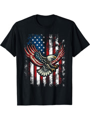 Bald Eagle 4th of July Christmas American Flag Country T-Shirt 180G 100% Cotton Printed Round Neck Short-Sleeve T-Shirt, Gifts for Men Dad Husband Grandpa, S-XXXL, Black