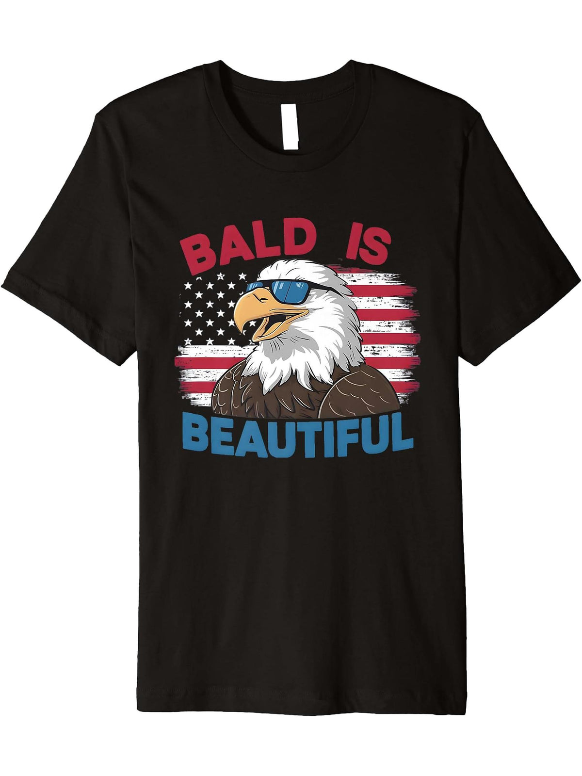 Bald Is Beautiful 4th Of July Cool Bald Eagle Sun Glasses Premium T-Shirt 180G 100% Cotton Printed Round Neck Short-Sleeve T-Shirt, Gifts for Men Dad Husband Grandpa, S-XXXL, Black