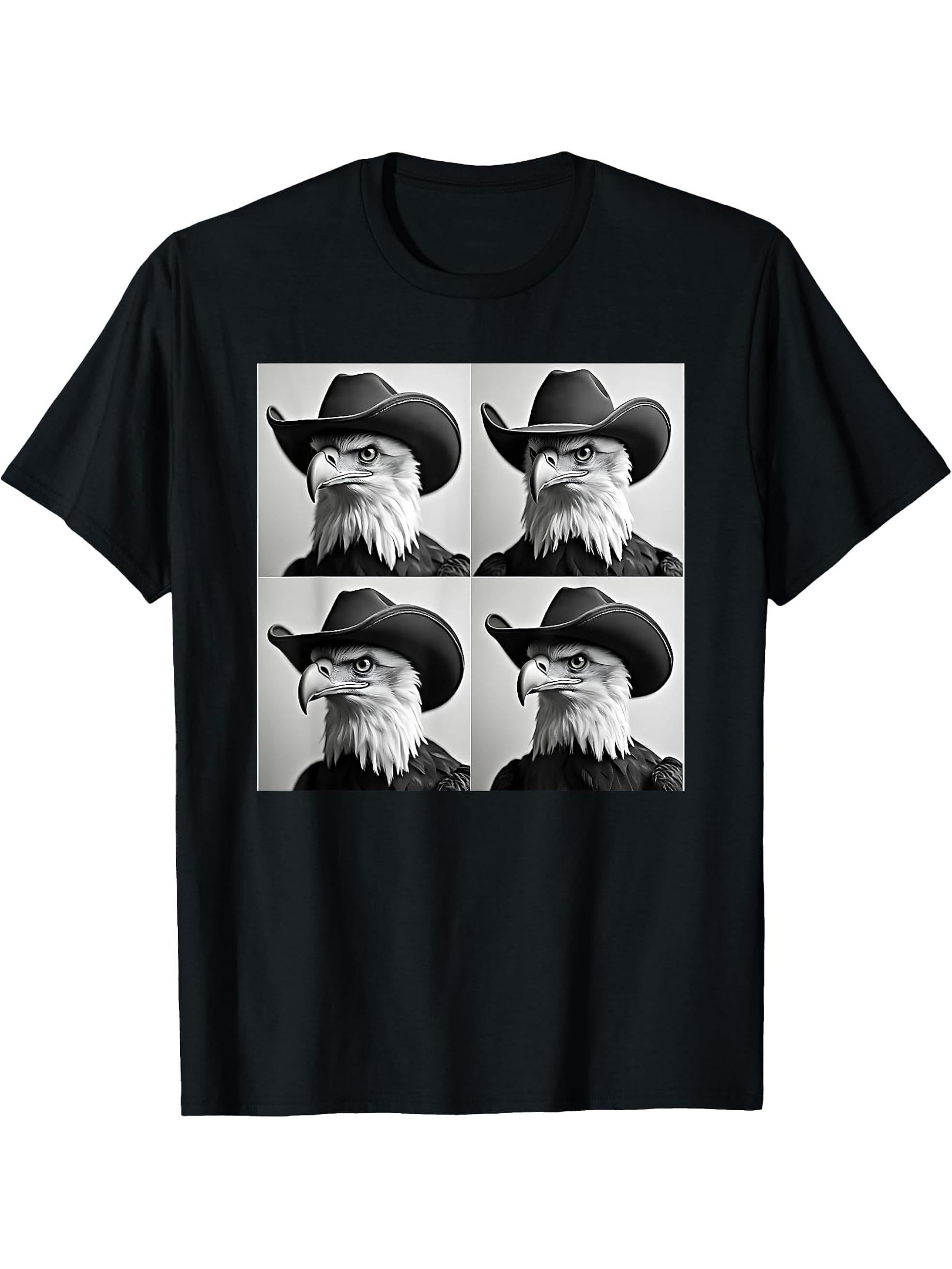 Bald Eagle Cowboy Hat Humor Animal Photobooth Bald Eagle T-Shirt 180G 100% Cotton Printed Round Neck Short-Sleeve T-Shirt, Gifts for Men Dad Husband Grandpa, S-XXXL, Black