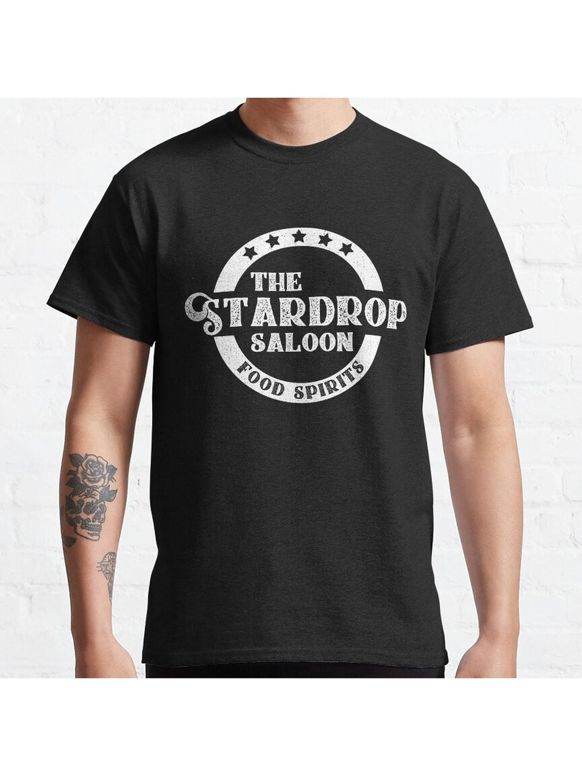 The Stardrop Saloon Pub Logo | Stardew Valley | White Logo Classic T-Shirt 100% Cotton, Gifts for Men Dad Husband Grandpa, S-XXXL, Black