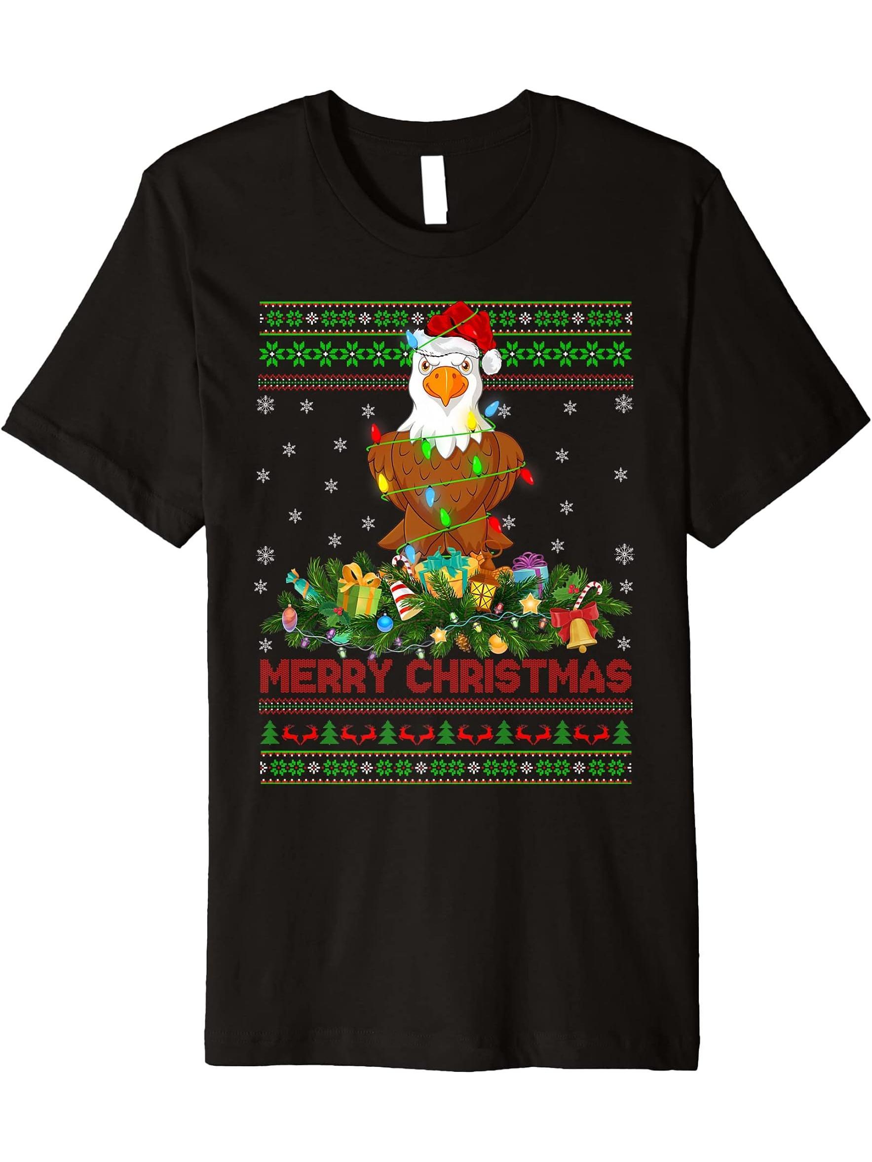 Funny Xmas Lighting Tree Santa Ugly Bald Eagle Christmas Premium T-Shirt 180G 100% Cotton Printed Round Neck Short-Sleeve T-Shirt, Gifts for Men Dad Husband Grandpa, S-XXXL, Black
