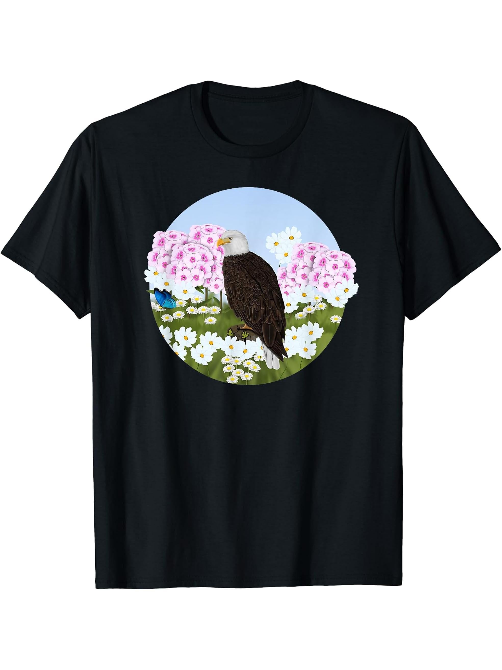 Bald Eagle Summer Flowers Bird Watching Biologist Birder T-Shirt 180G 100% Cotton Printed Round Neck Short-Sleeve T-Shirt, Gifts for Men Dad Husband Grandpa, S-XXXL, Black