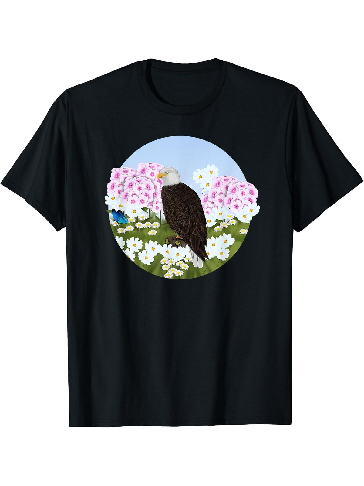 Bald Eagle Summer Flowers Bird Watching Biologist Birder T-Shirt 180G 100% Cotton Printed Round Neck Short-Sleeve T-Shirt, Gifts for Men Dad Husband Grandpa, S-XXXL, Black