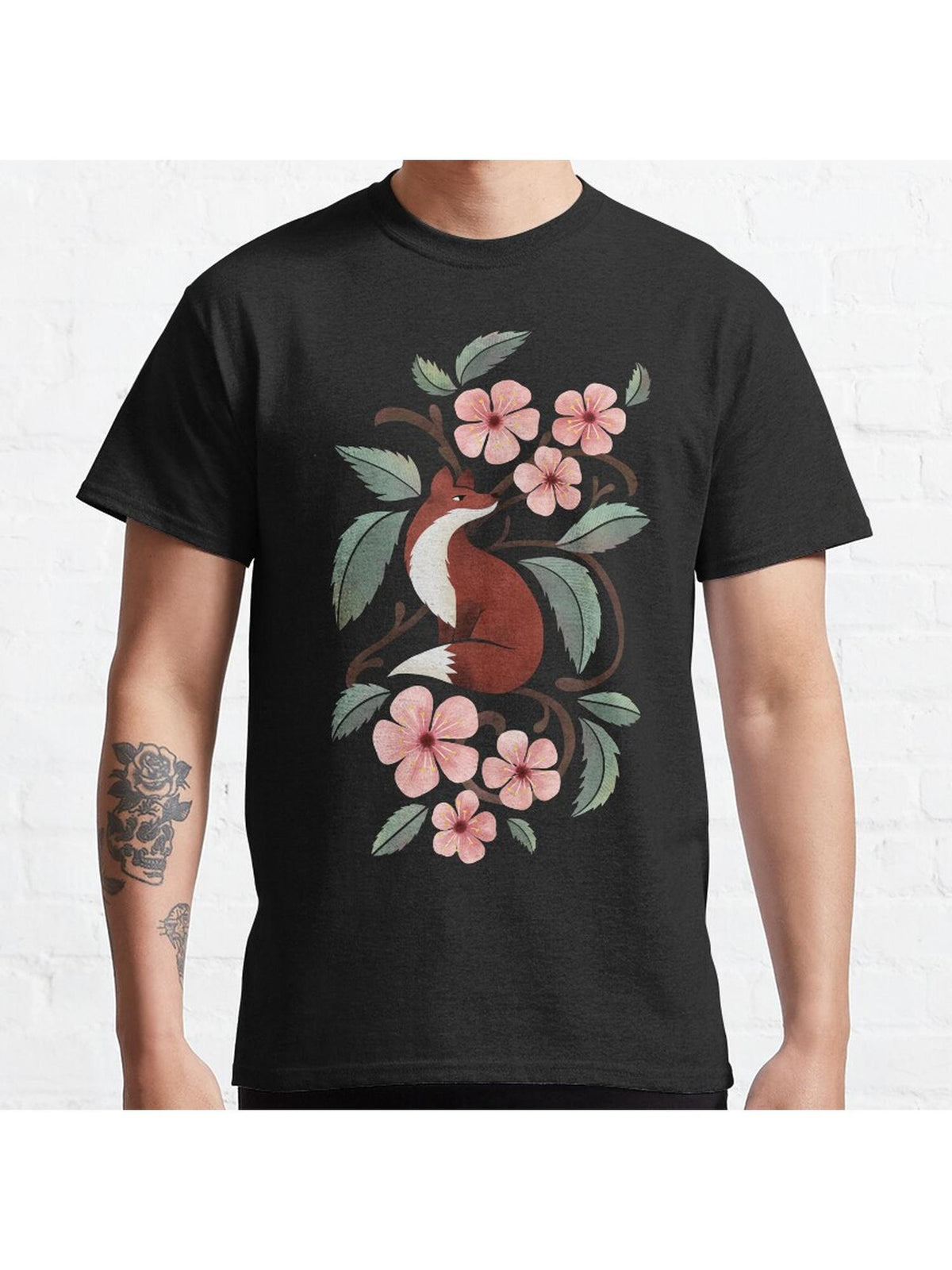 Fox in Cherry Blossoms Classic T-Shirt 100% Cotton, Gifts for Men Dad Husband Grandpa, S-XXXL, Black
