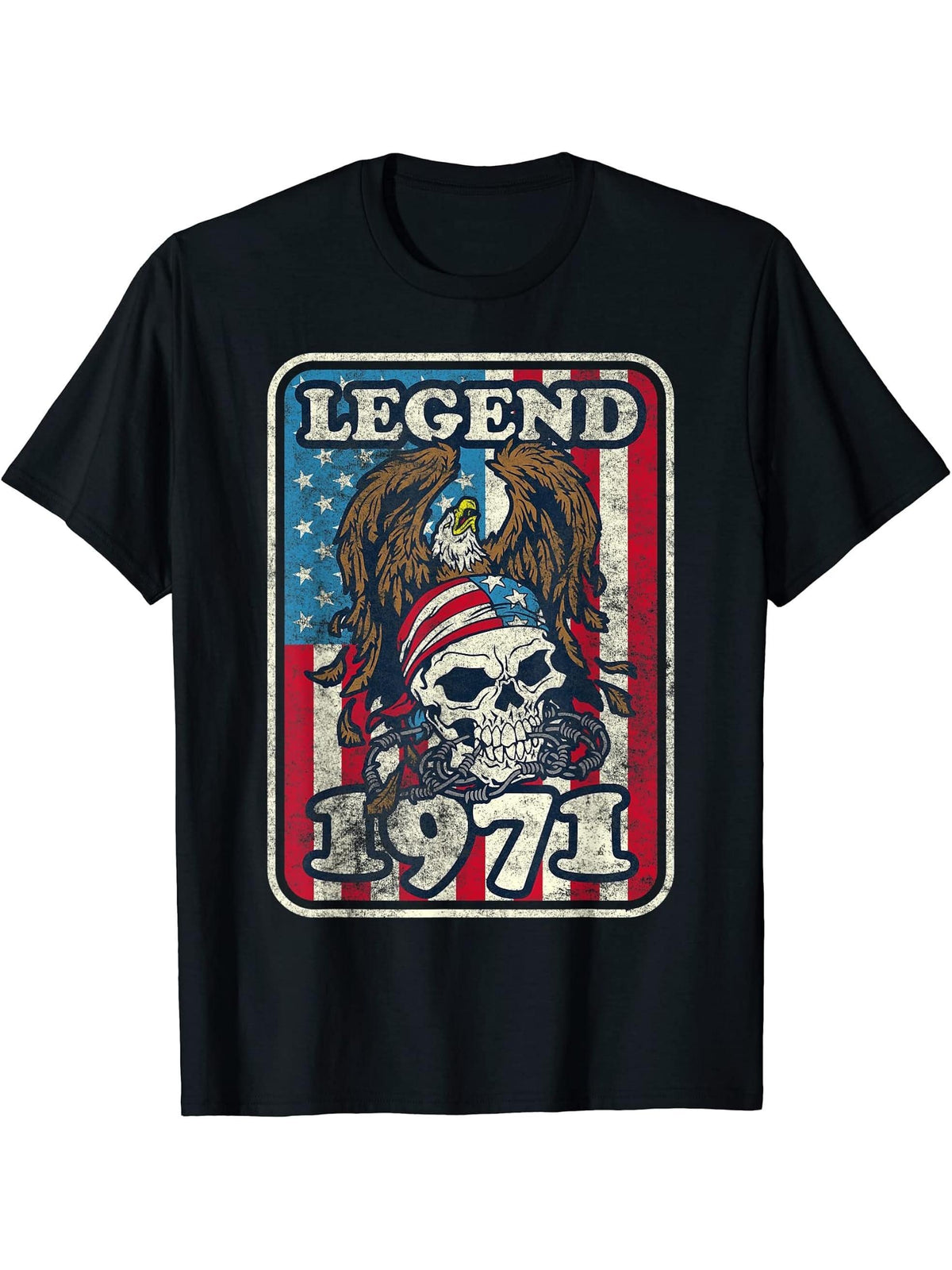 Birthday Legend 1971 Bald Eagle Skull American Flag USA T-Shirt 180G 100% Cotton Printed Round Neck Short-Sleeve T-Shirt, Gifts for Men Dad Husband Grandpa, S-XXXL, Black