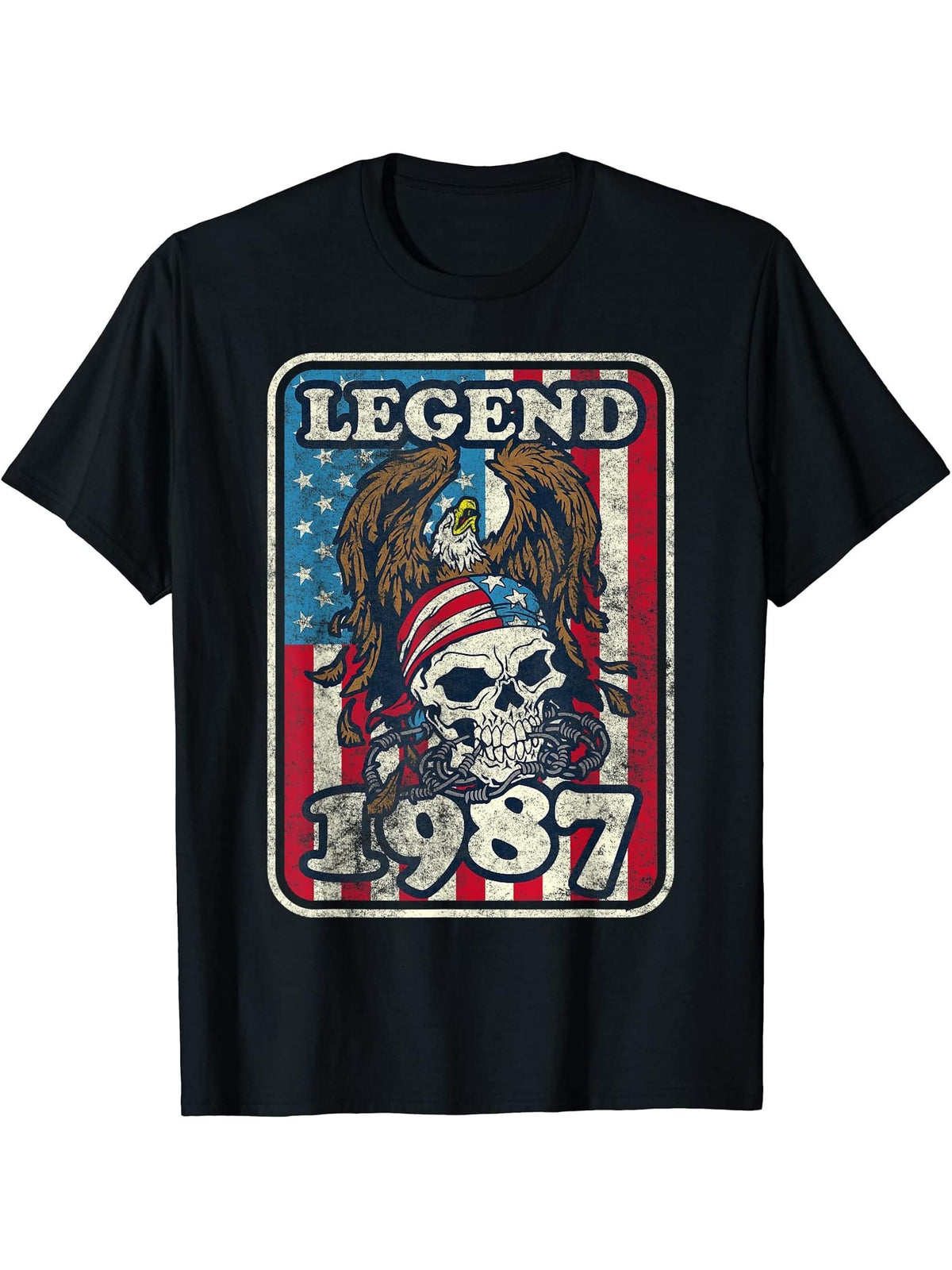 Birthday Legend 1987 Bald Eagle Skull American Flag USA T-Shirt 180G 100% Cotton Printed Round Neck Short-Sleeve T-Shirt, Gifts for Men Dad Husband Grandpa, S-XXXL, Black