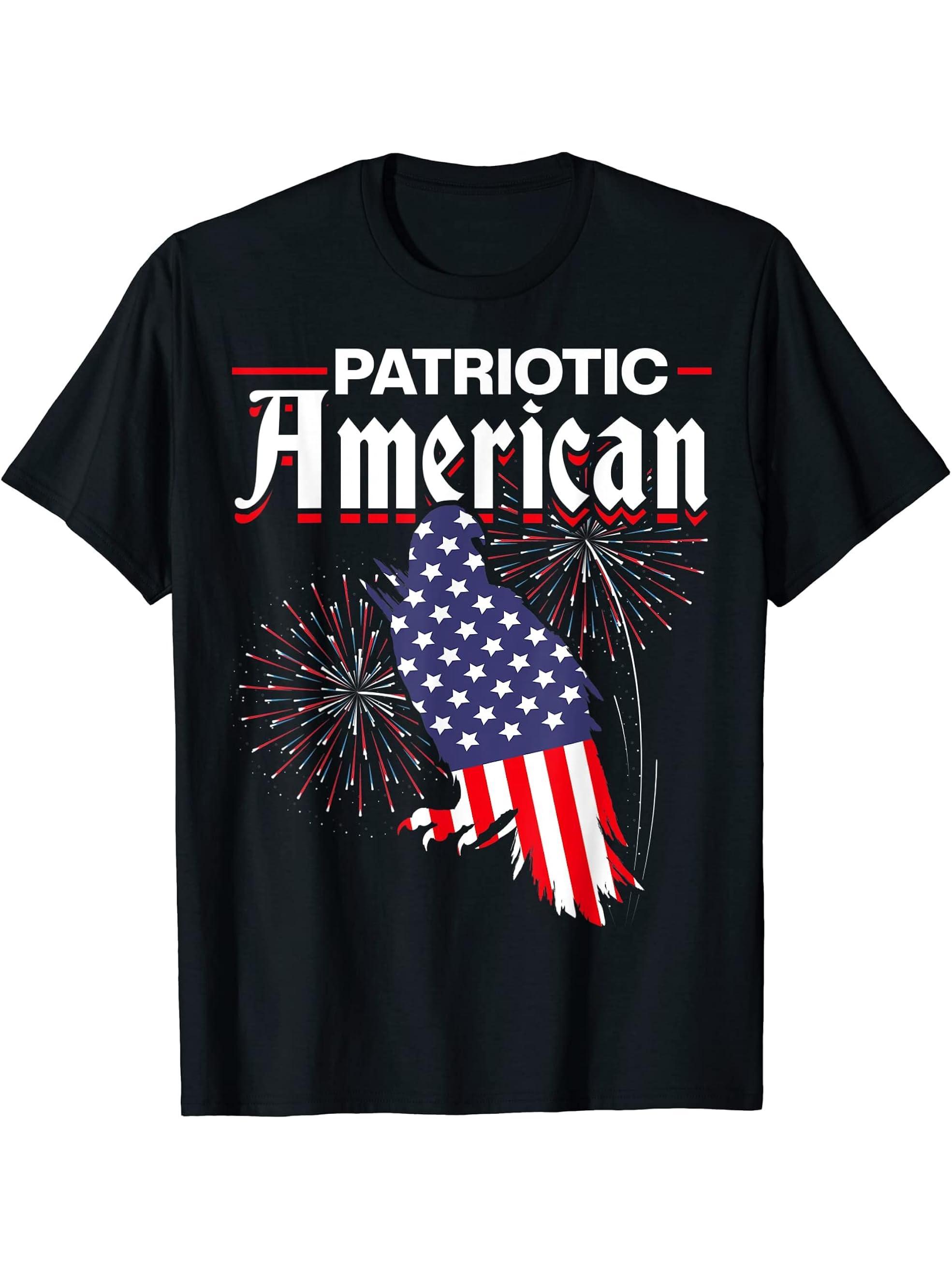 Fireworks American Bald Eagle US Flag USA 4th Of July T-Shirt 180G 100% Cotton Printed Round Neck Short-Sleeve T-Shirt, Gifts for Men Dad Husband Grandpa, S-XXXL, Black