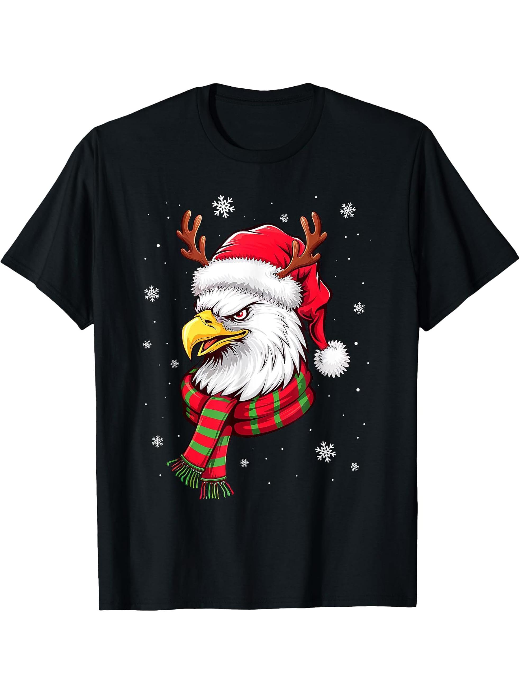 Funny Christmas Eagle Patriotic Bald Eagle With Santa Hat T-Shirt 180G 100% Cotton Printed Round Neck Short-Sleeve T-Shirt, Gifts for Men Dad Husband Grandpa, S-XXXL, Black