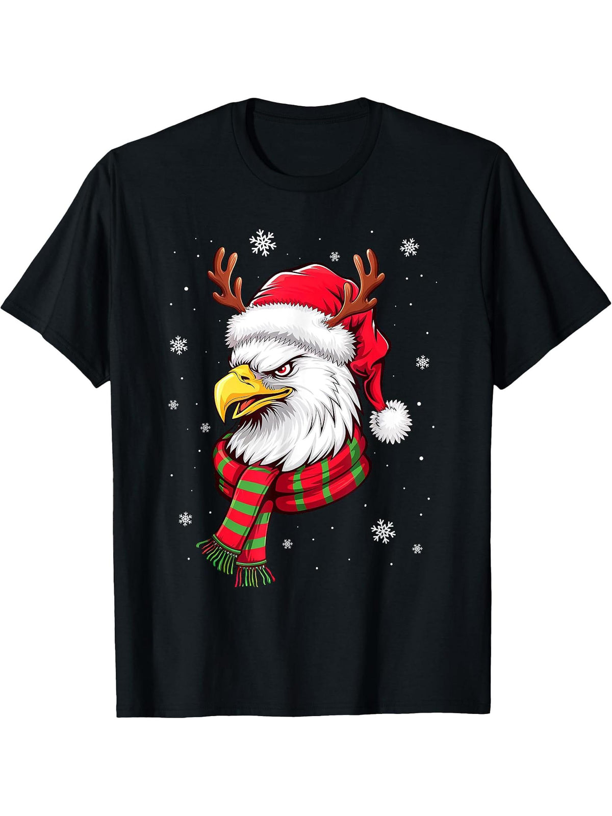 Funny Christmas Eagle Patriotic Bald Eagle With Santa Hat T-Shirt 180G 100% Cotton Printed Round Neck Short-Sleeve T-Shirt, Gifts for Men Dad Husband Grandpa, S-XXXL, Black