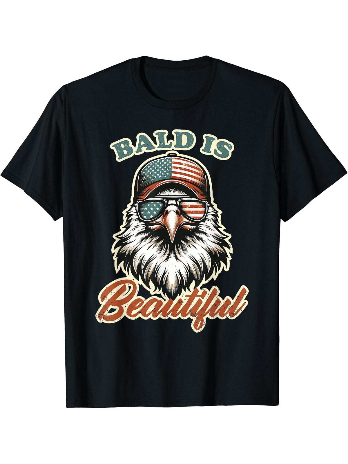 Bald Is Beautiful Independence Day 4th of July America Eagle T-Shirt 180G 100% Cotton Printed Round Neck Short-Sleeve T-Shirt, Gifts for Men Dad Husband Grandpa, S-XXXL, Black