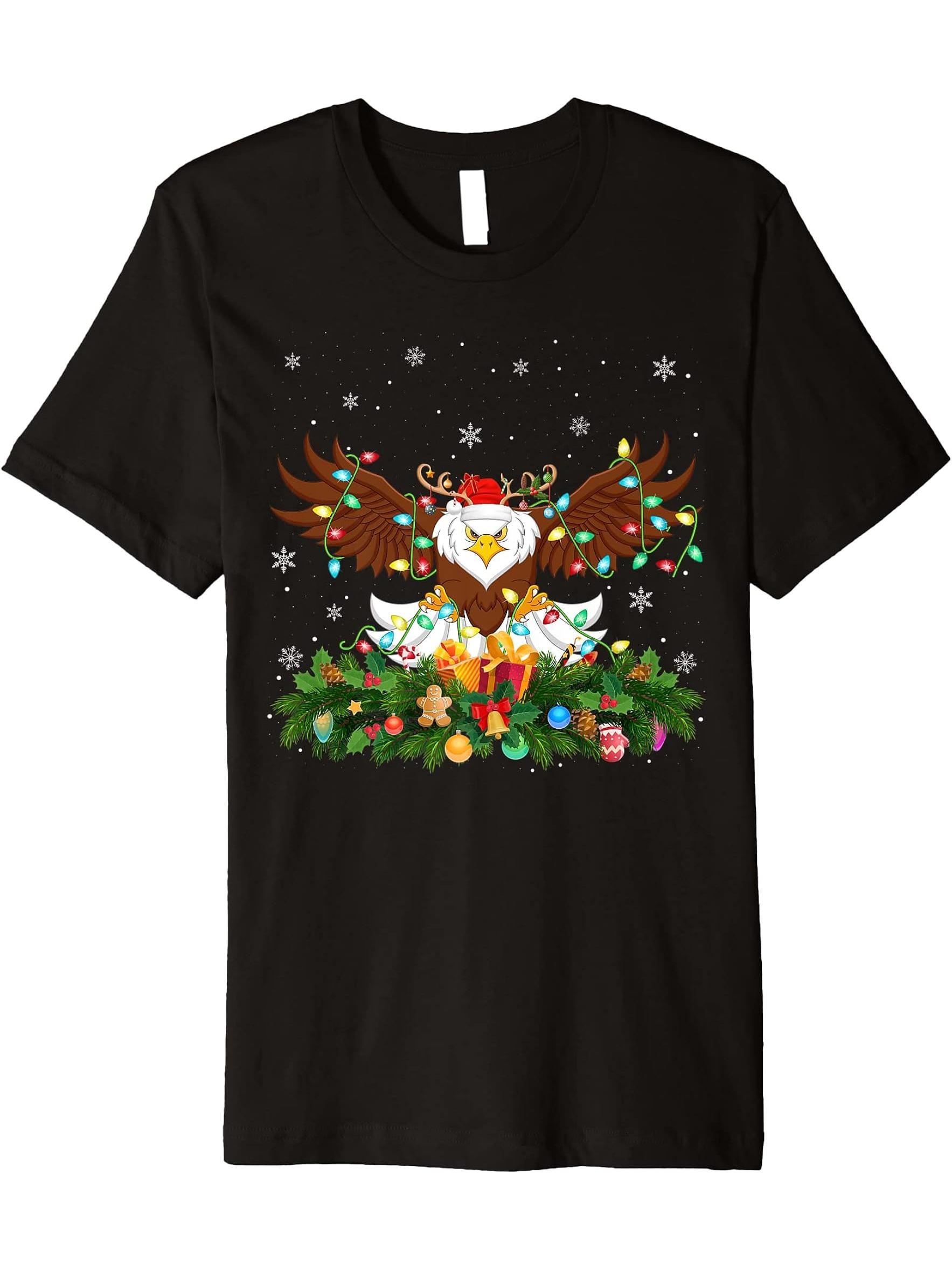 Eagle Bird Lover Reindeer Santa Hat Bald Eagle Christmas Premium T-Shirt 180G 100% Cotton Printed Round Neck Short-Sleeve T-Shirt, Gifts for Men Dad Husband Grandpa, S-XXXL, Black