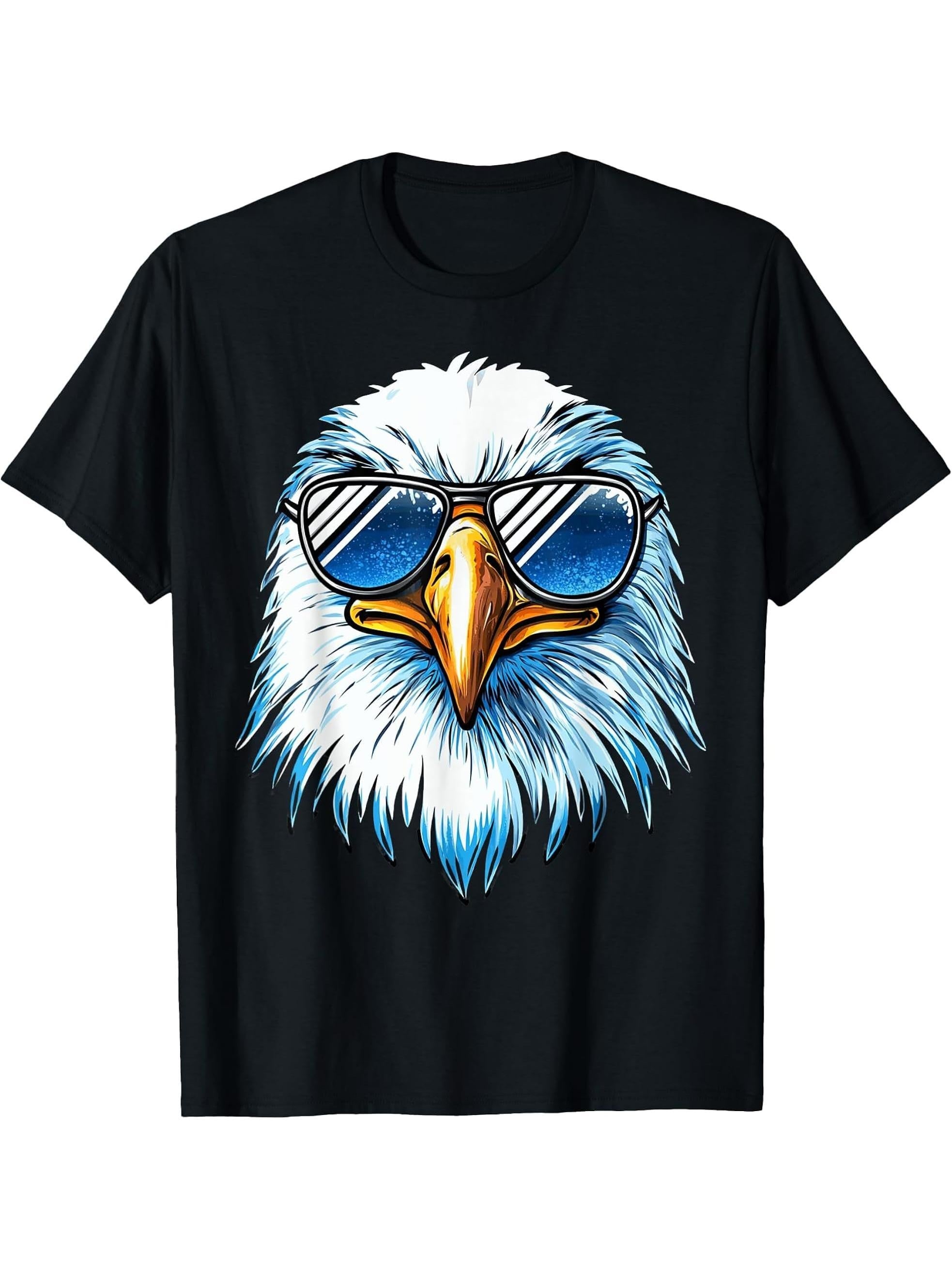 Bald Eagle In Sunglasses Men Women Boy Girl Funny Eagle T-Shirt 180G 100% Cotton Printed Round Neck Short-Sleeve T-Shirt, Gifts for Men Dad Husband Grandpa, S-XXXL, Black