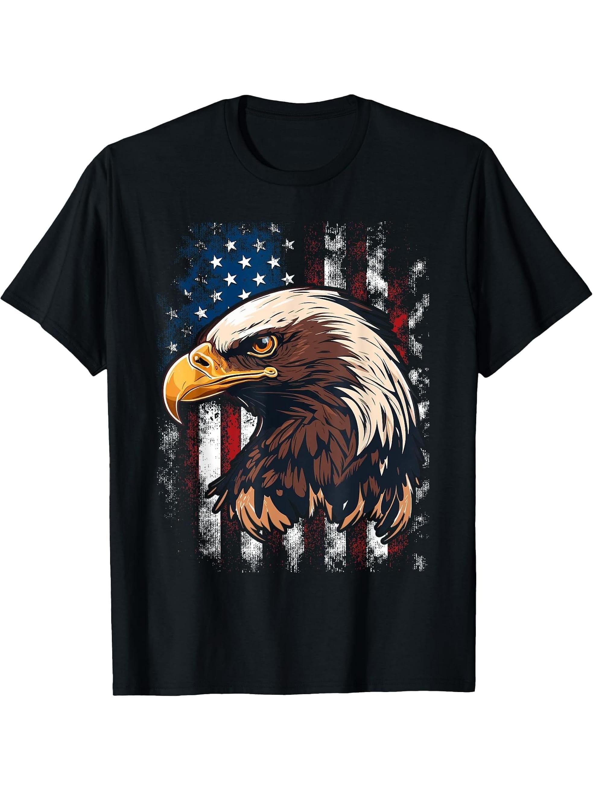 American Flag Bald Eagle Patriotic Red White Blue T-Shirt 180G 100% Cotton Printed Round Neck Short-Sleeve T-Shirt, Gifts for Men Dad Husband Grandpa, S-XXXL, Black