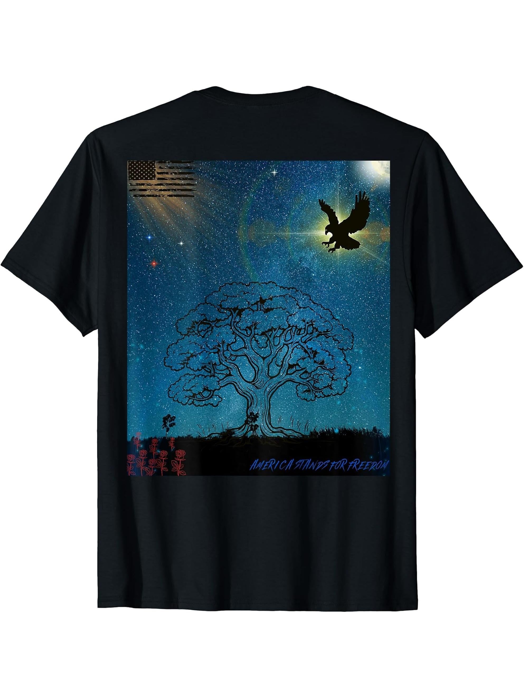 America stand for Freedom, bald eagle, rose, oak tree, USA T-Shirt 180G 100% Cotton Printed Round Neck Short-Sleeve T-Shirt, Gifts for Men Dad Husband Grandpa, S-XXXL, Black
