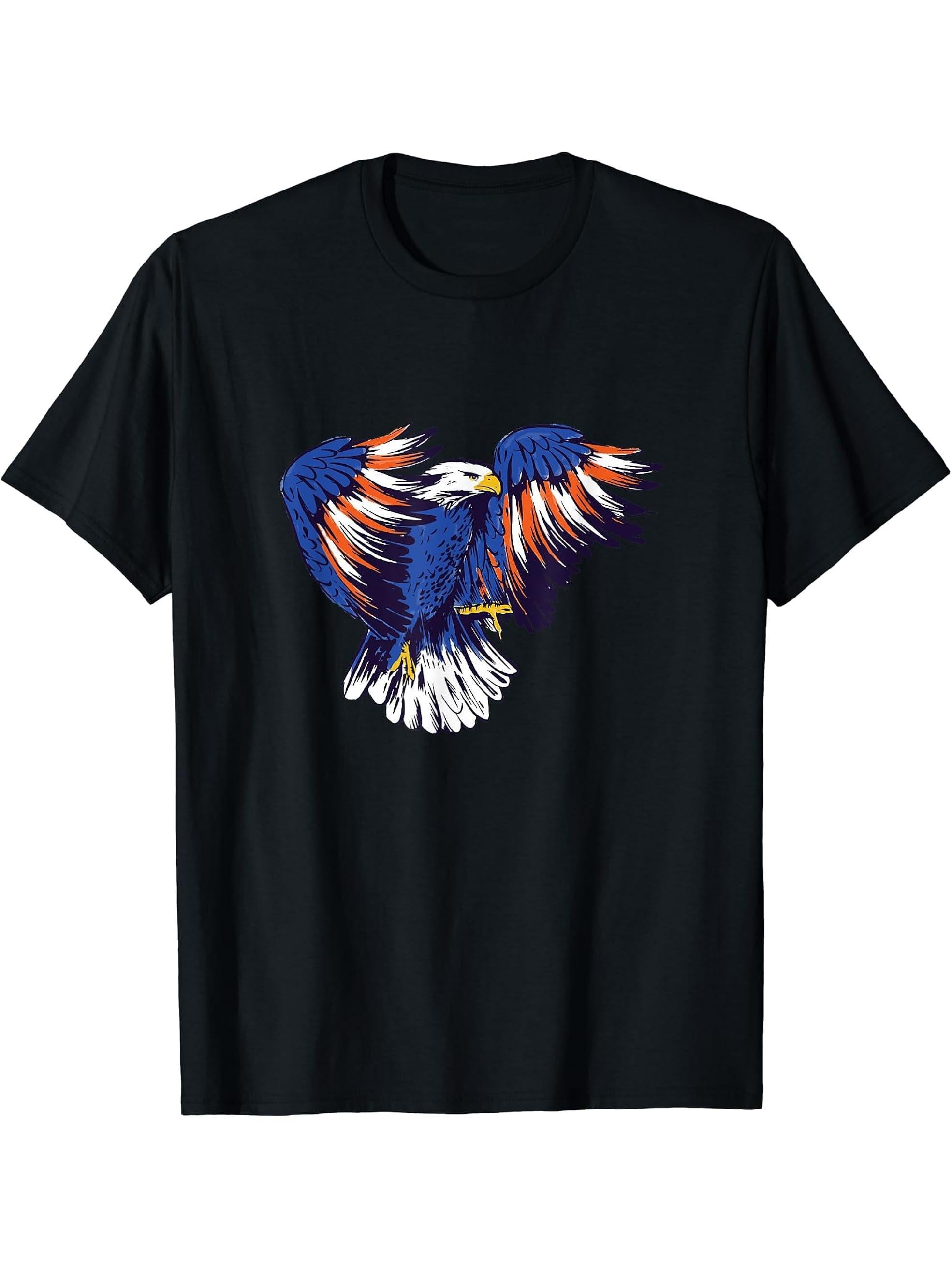 Flying Bald Eagle - Patriotic American Flag USA 4th July T-Shirt 180G 100% Cotton Printed Round Neck Short-Sleeve T-Shirt, Gifts for Men Dad Husband Grandpa, S-XXXL, Black