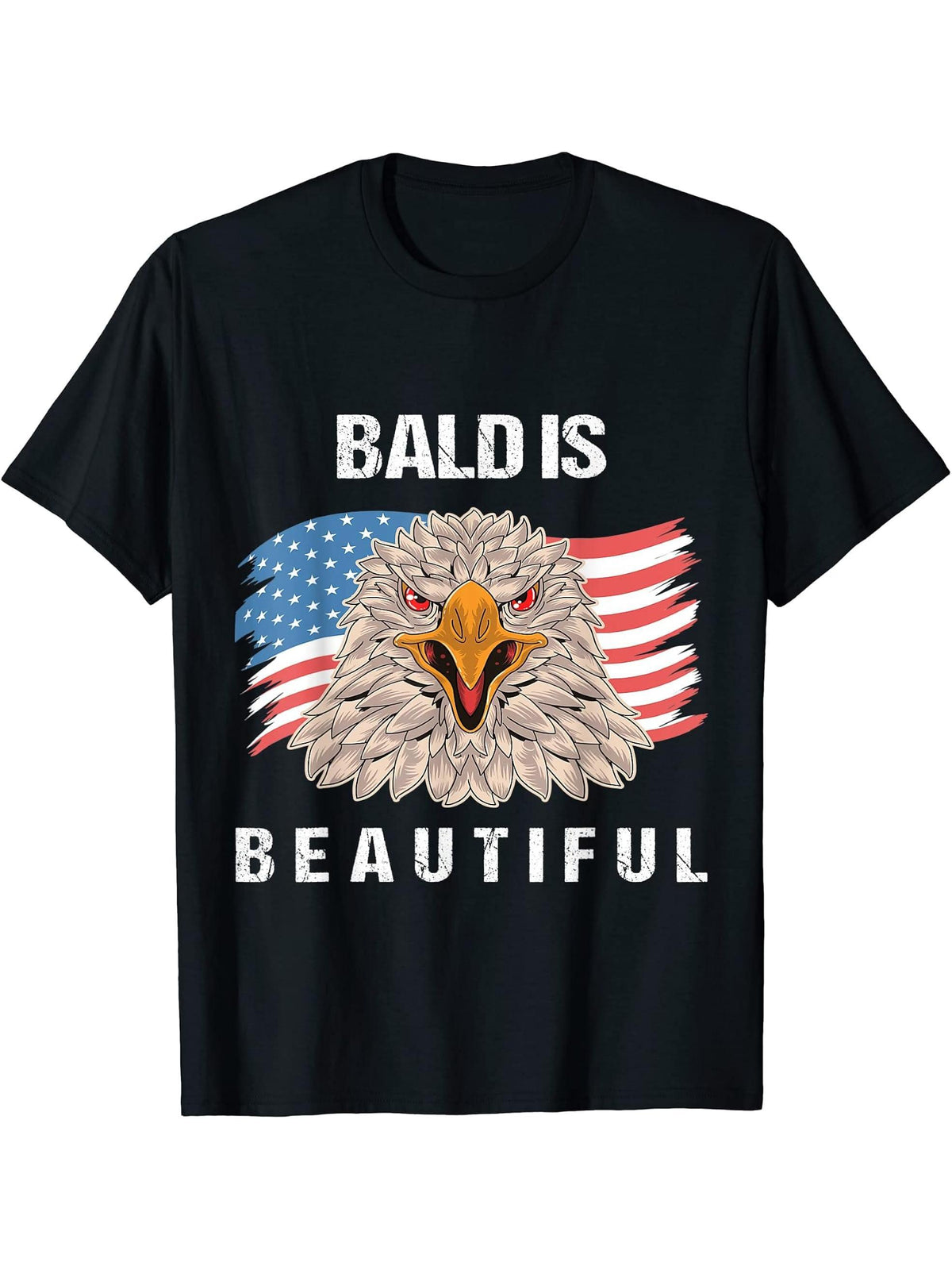 4th of July Bald Is Beautiful Eagle Patriotic American Tees T-Shirt 180G 100% Cotton Printed Round Neck Short-Sleeve T-Shirt, Gifts for Men Dad Husband Grandpa, S-XXXL, Black