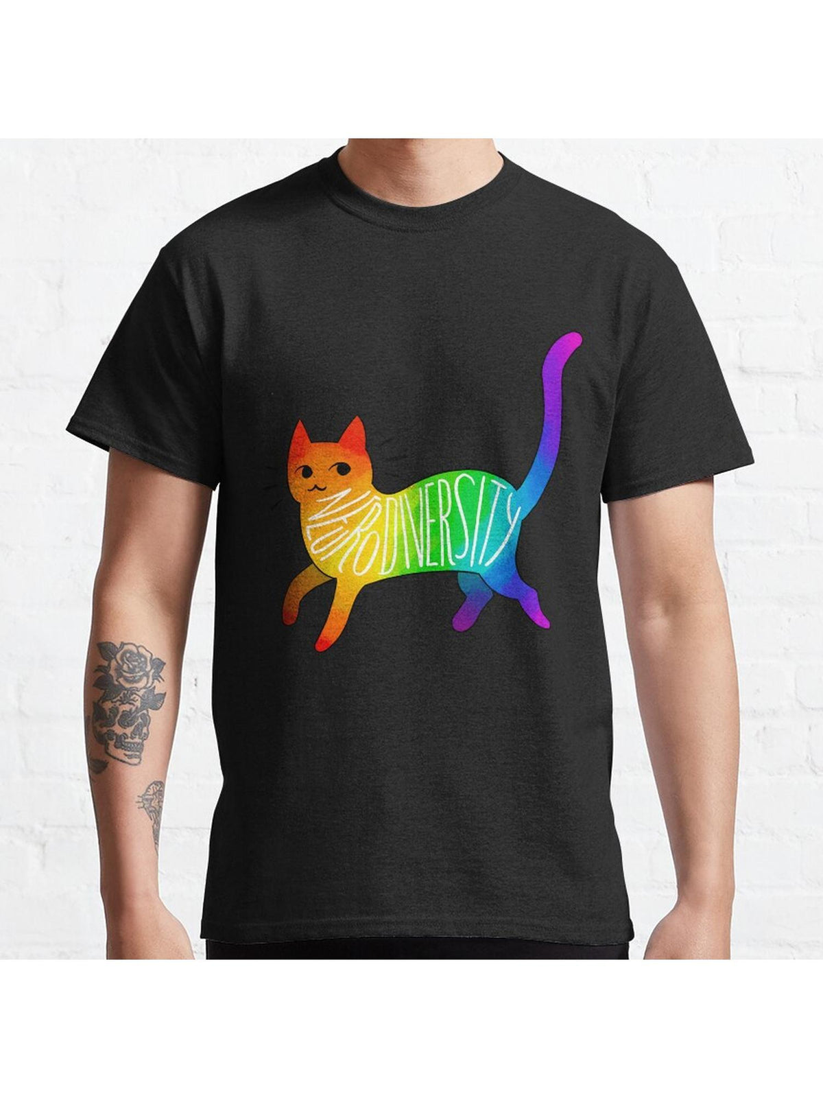 Neurodiversity Cat Classic T-Shirt 100% Cotton, Gifts for Men Dad Husband Grandpa, S-XXXL, Black