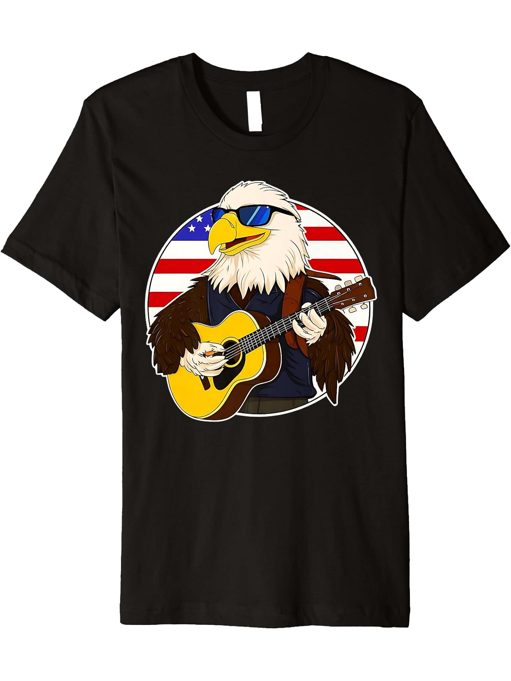 Funny Bald Eagle Playing Guitar American Flag 4th Of July Premium T-Shirt 180G 100% Cotton Printed Round Neck Short-Sleeve T-Shirt, Gifts for Men Dad Husband Grandpa, S-XXXL, Black