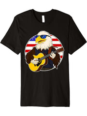 Funny Bald Eagle Playing Guitar American Flag 4th Of July Premium T-Shirt 180G 100% Cotton Printed Round Neck Short-Sleeve T-Shirt, Gifts for Men Dad Husband Grandpa, S-XXXL, Black