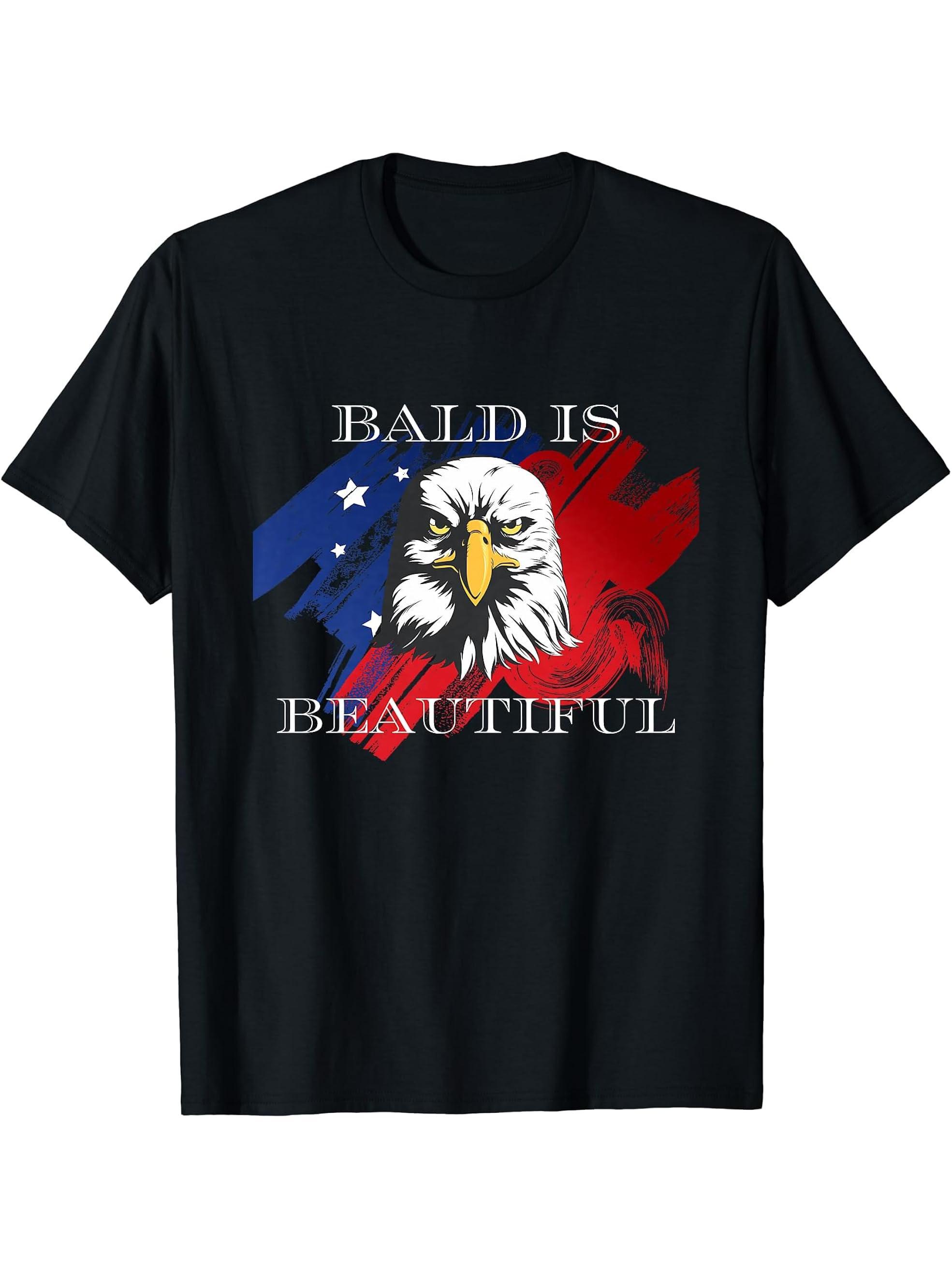 Funny Bald Is Beautiful Patriotic Eagle National Bird T-Shirt 180G 100% Cotton Printed Round Neck Short-Sleeve T-Shirt, Gifts for Men Dad Husband Grandpa, S-XXXL, Black