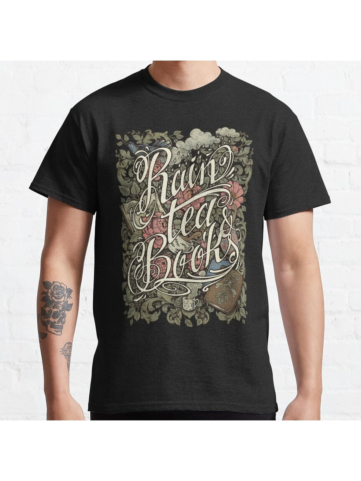 Rain, Tea & Books - Color version Classic T-Shirt 100% Cotton, Gifts for Men Dad Husband Grandpa, S-XXXL, Black