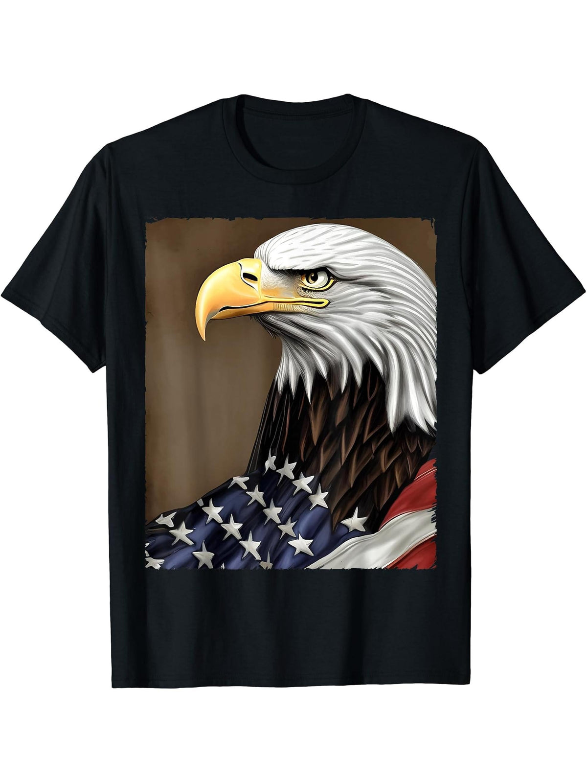 American Flag Covered Bald Eagle USA 4th of July Patriotic T-Shirt 180G 100% Cotton Printed Round Neck Short-Sleeve T-Shirt, Gifts for Men Dad Husband Grandpa, S-XXXL, Black