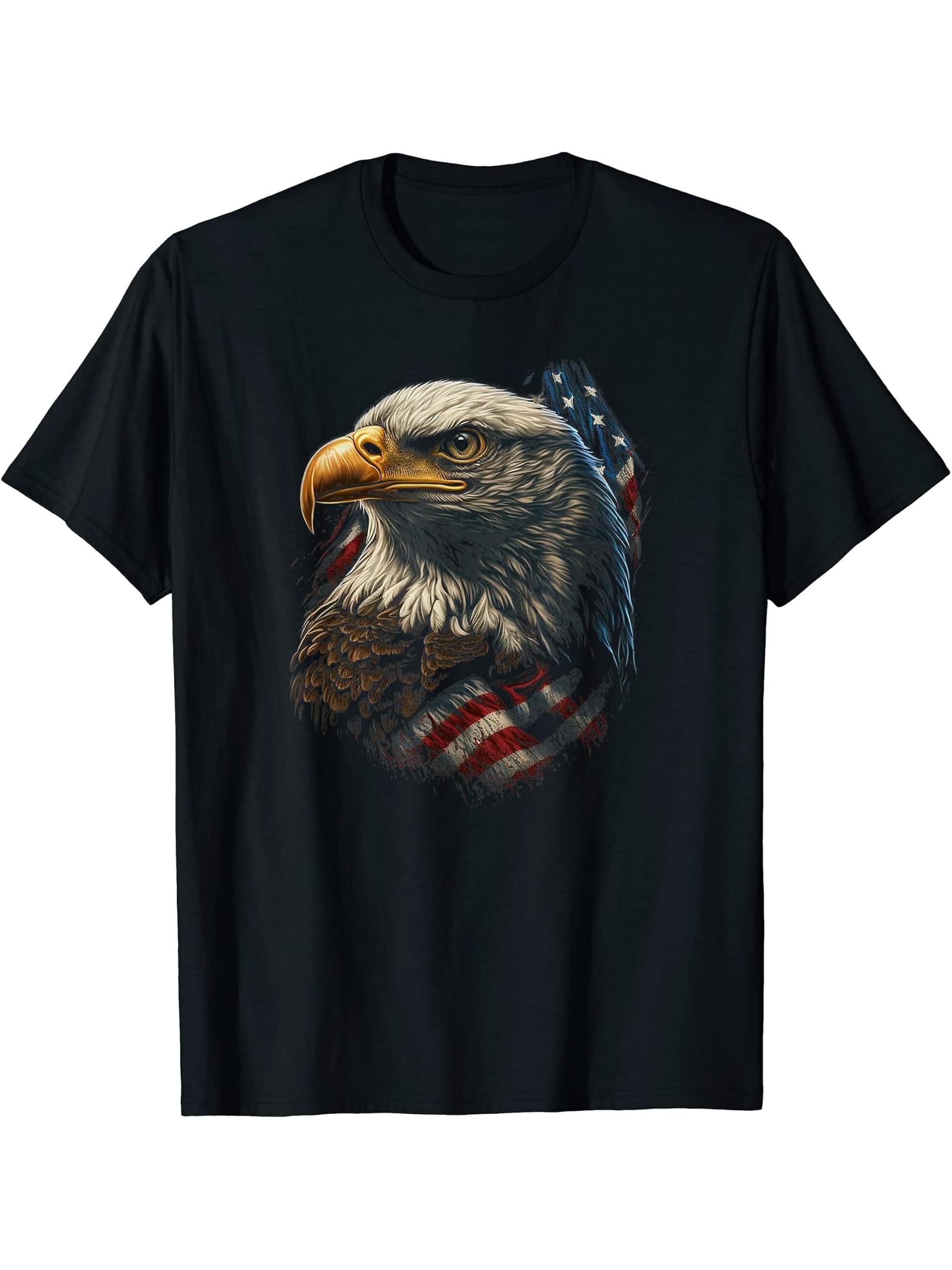 Bald Eagle 4th of July Gifts American Flag Distressed Retro T-Shirt 180G 100% Cotton Printed Round Neck Short-Sleeve T-Shirt, Gifts for Men Dad Husband Grandpa, S-XXXL, Black