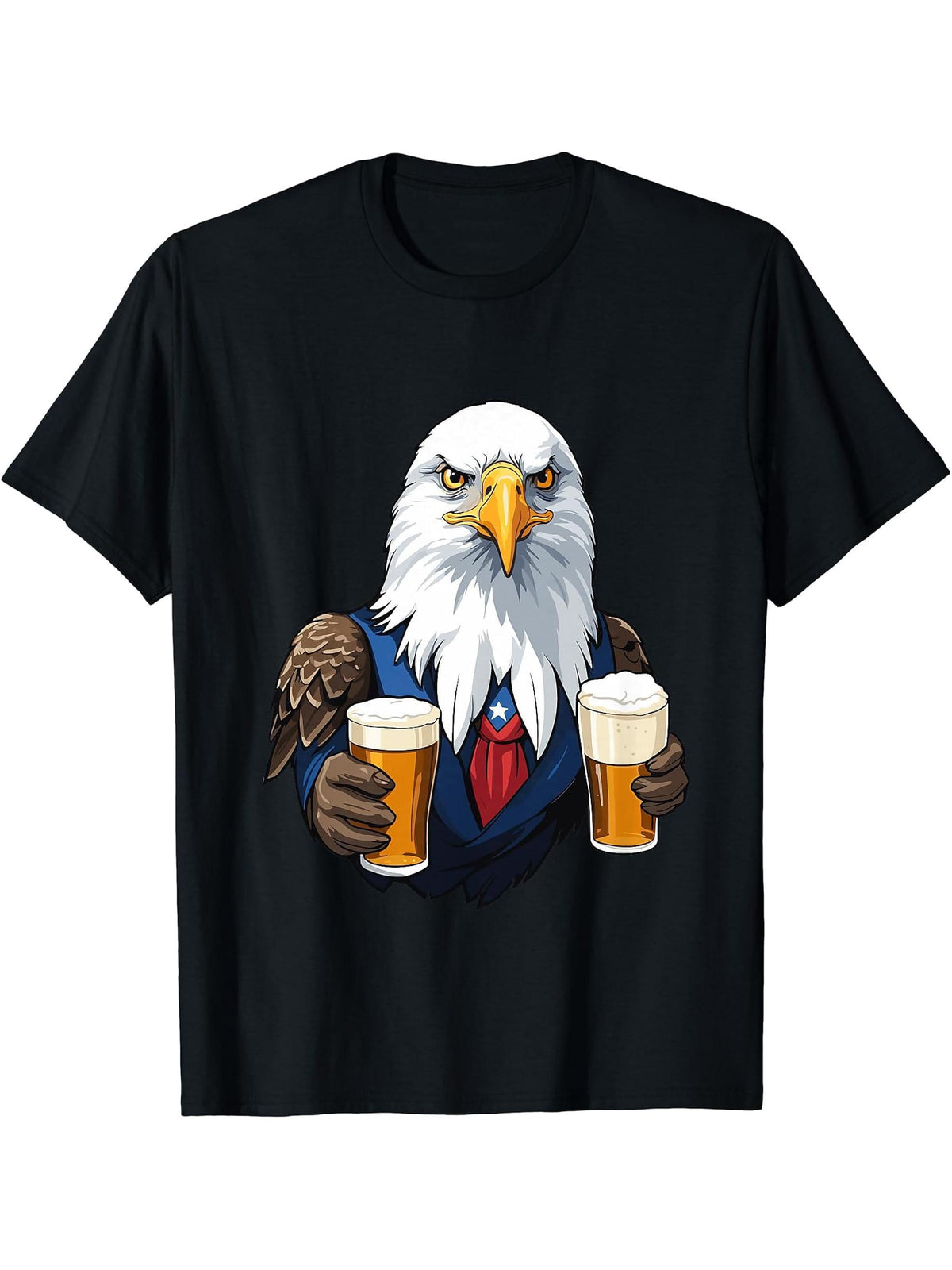Funny Bald Eagle With Beer Mug Independence Day T-Shirt 180G 100% Cotton Printed Round Neck Short-Sleeve T-Shirt, Gifts for Men Dad Husband Grandpa, S-XXXL, Black