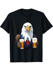 Funny Bald Eagle With Beer Mug Independence Day T-Shirt 180G 100% Cotton Printed Round Neck Short-Sleeve T-Shirt, Gifts for Men Dad Husband Grandpa, S-XXXL, Black