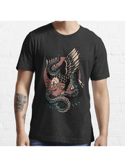 Eagle Versus Snake Traditional Tattoo Essential T-Shirt 100% Cotton, Gifts for Men Dad Husband Grandpa, S-XXXL, Black