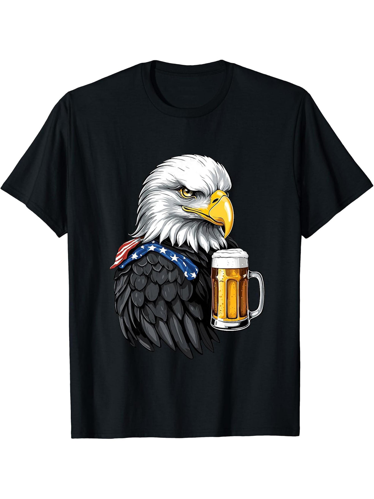 Boozing Bald Eagle With Beer Mug American Flag T-Shirt 180G 100% Cotton Printed Round Neck Short-Sleeve T-Shirt, Gifts for Men Dad Husband Grandpa, S-XXXL, Black