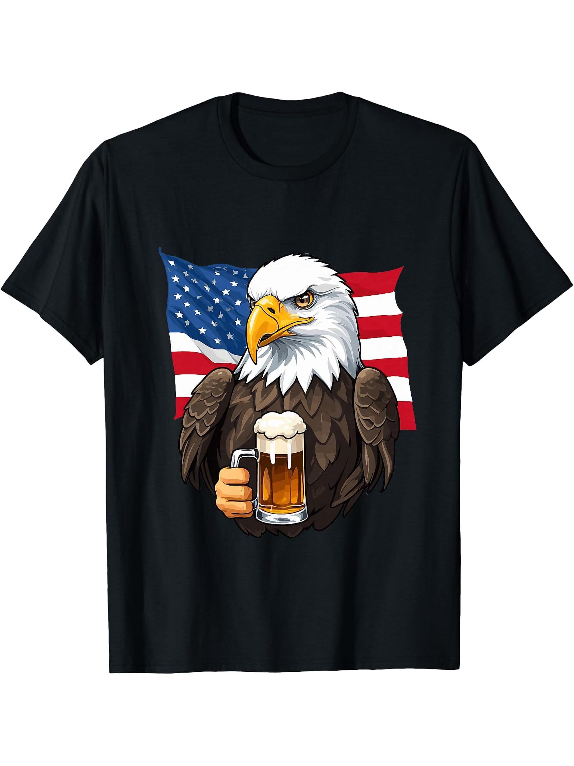 Boozing Bald Eagle With Beer Mug American Flag T-Shirt 180G 100% Cotton Printed Round Neck Short-Sleeve T-Shirt, Gifts for Men Dad Husband Grandpa, S-XXXL, Black