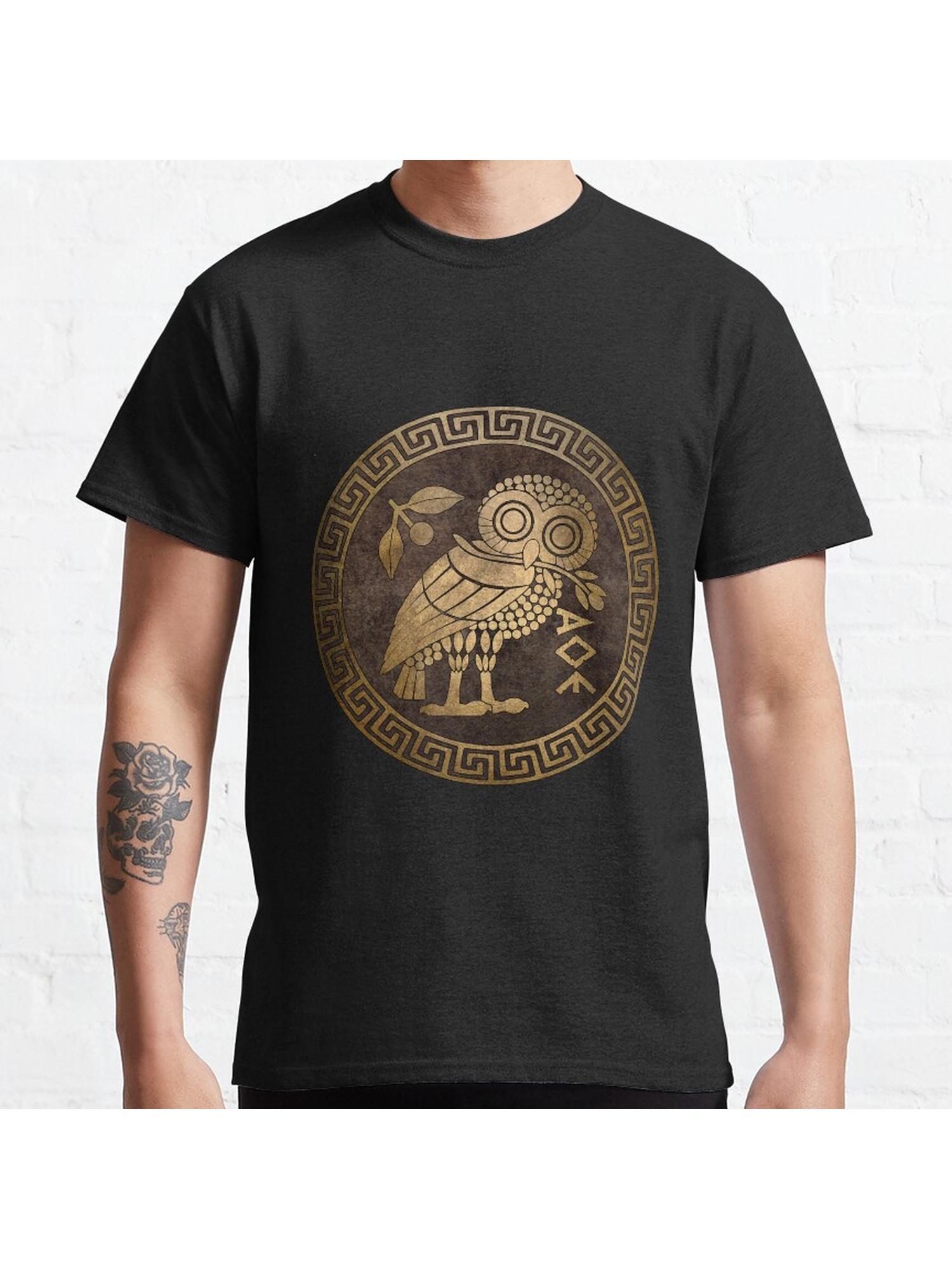 Athens Ancient Greece Athenian Owl Symbol of Goddess Athena Classic T-Shirt 100% Cotton, Gifts for Men Dad Husband Grandpa, S-XXXL, Black