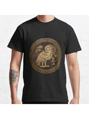 Athens Ancient Greece Athenian Owl Symbol of Goddess Athena Classic T-Shirt 100% Cotton, Gifts for Men Dad Husband Grandpa, S-XXXL, Black