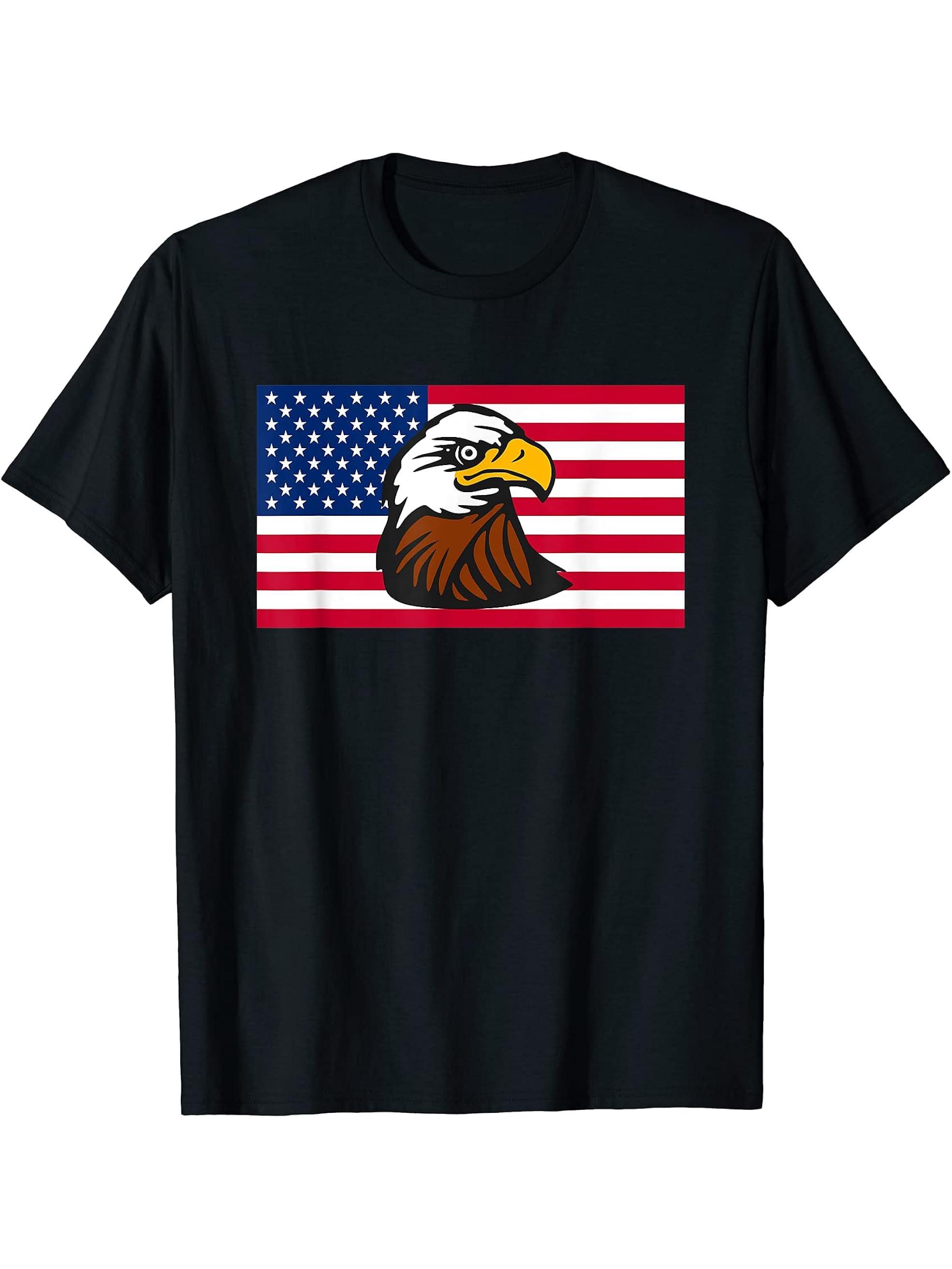 Fourth of July Bald Eagle USA Flag Patriotic T-Shirt 180G 100% Cotton Printed Round Neck Short-Sleeve T-Shirt, Gifts for Men Dad Husband Grandpa, S-XXXL, Black