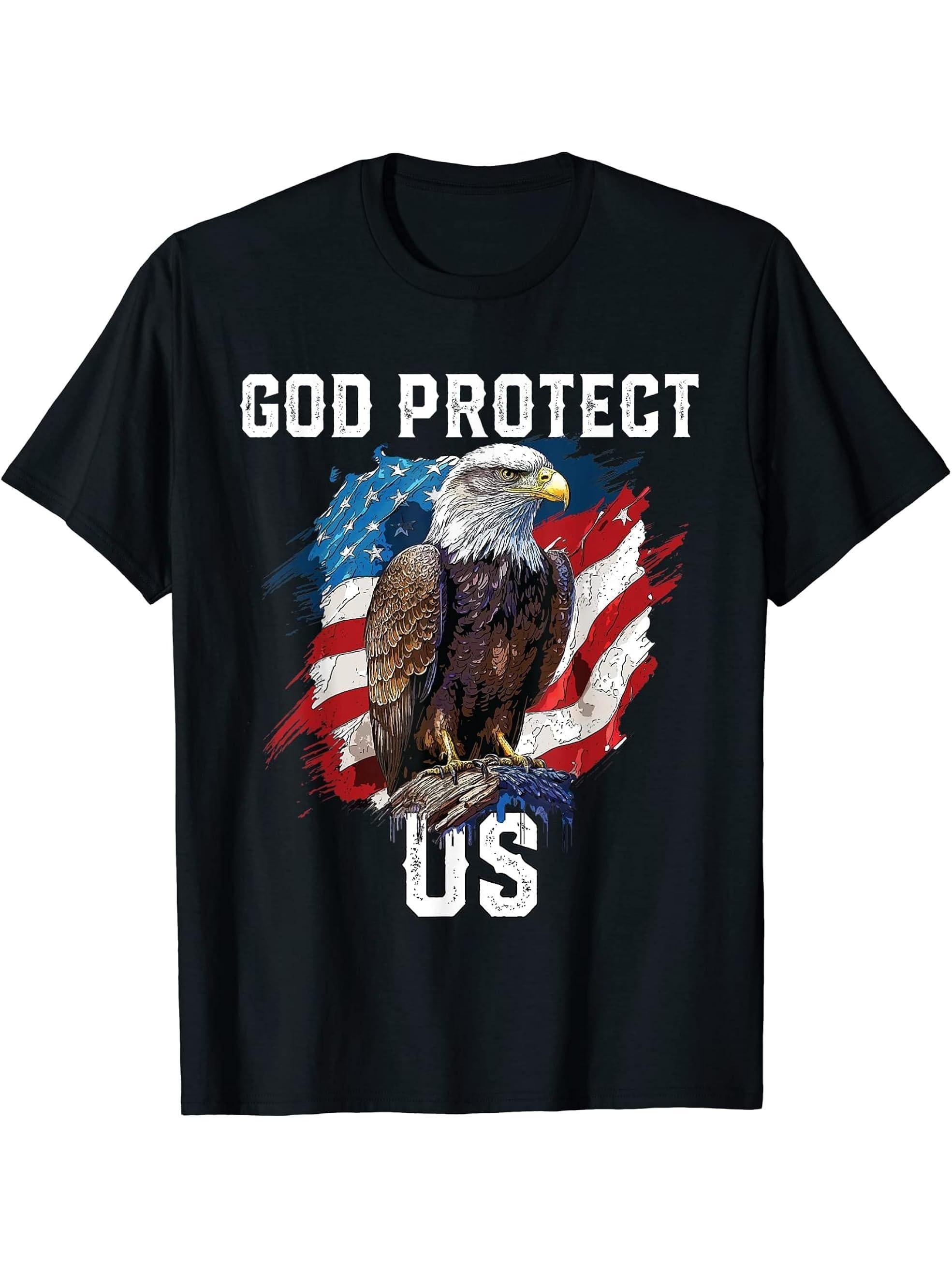 God Protect US American Bald Eagle Christian 4th Of July T-Shirt 180G 100% Cotton Printed Round Neck Short-Sleeve T-Shirt, Gifts for Men Dad Husband Grandpa, S-XXXL, Black