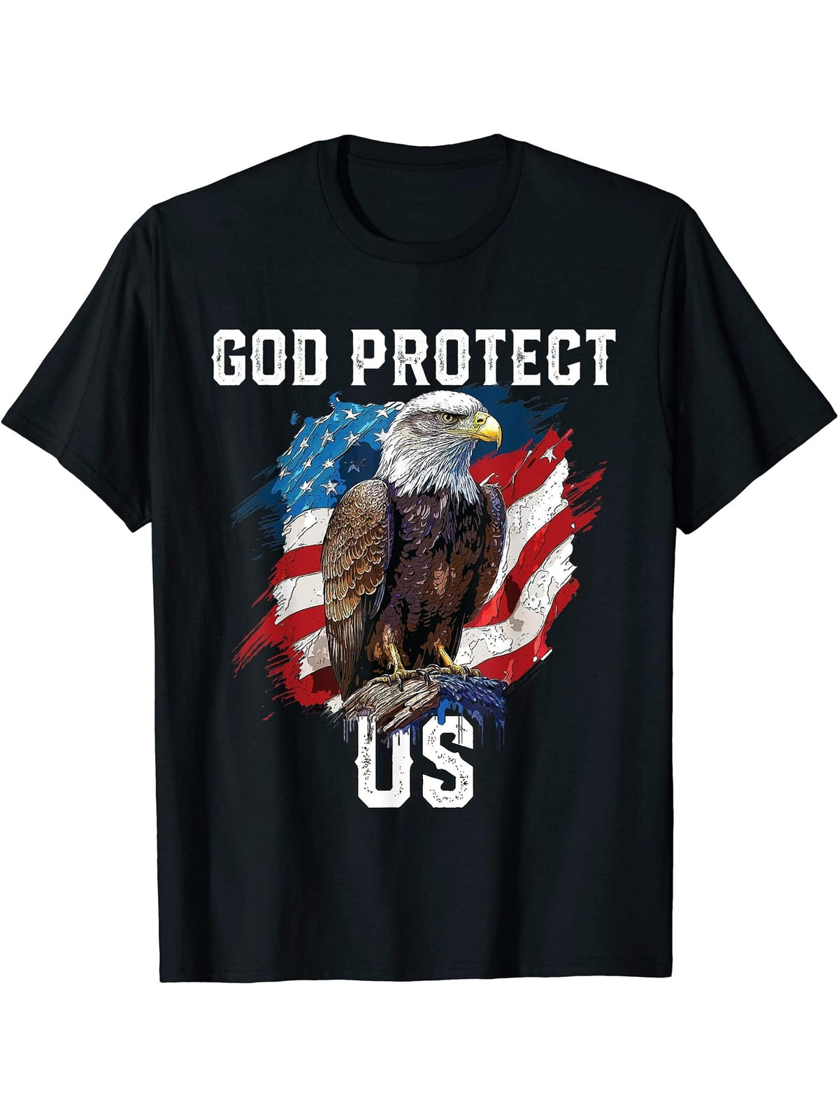 God Protect US American Bald Eagle Christian 4th Of July T-Shirt 180G 100% Cotton Printed Round Neck Short-Sleeve T-Shirt, Gifts for Men Dad Husband Grandpa, S-XXXL, Black