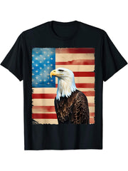 Bald Eagle Sitting In Front Of American Flag USA 4th of July T-Shirt 180G 100% Cotton Printed Round Neck Short-Sleeve T-Shirt, Gifts for Men Dad Husband Grandpa, S-XXXL, Black