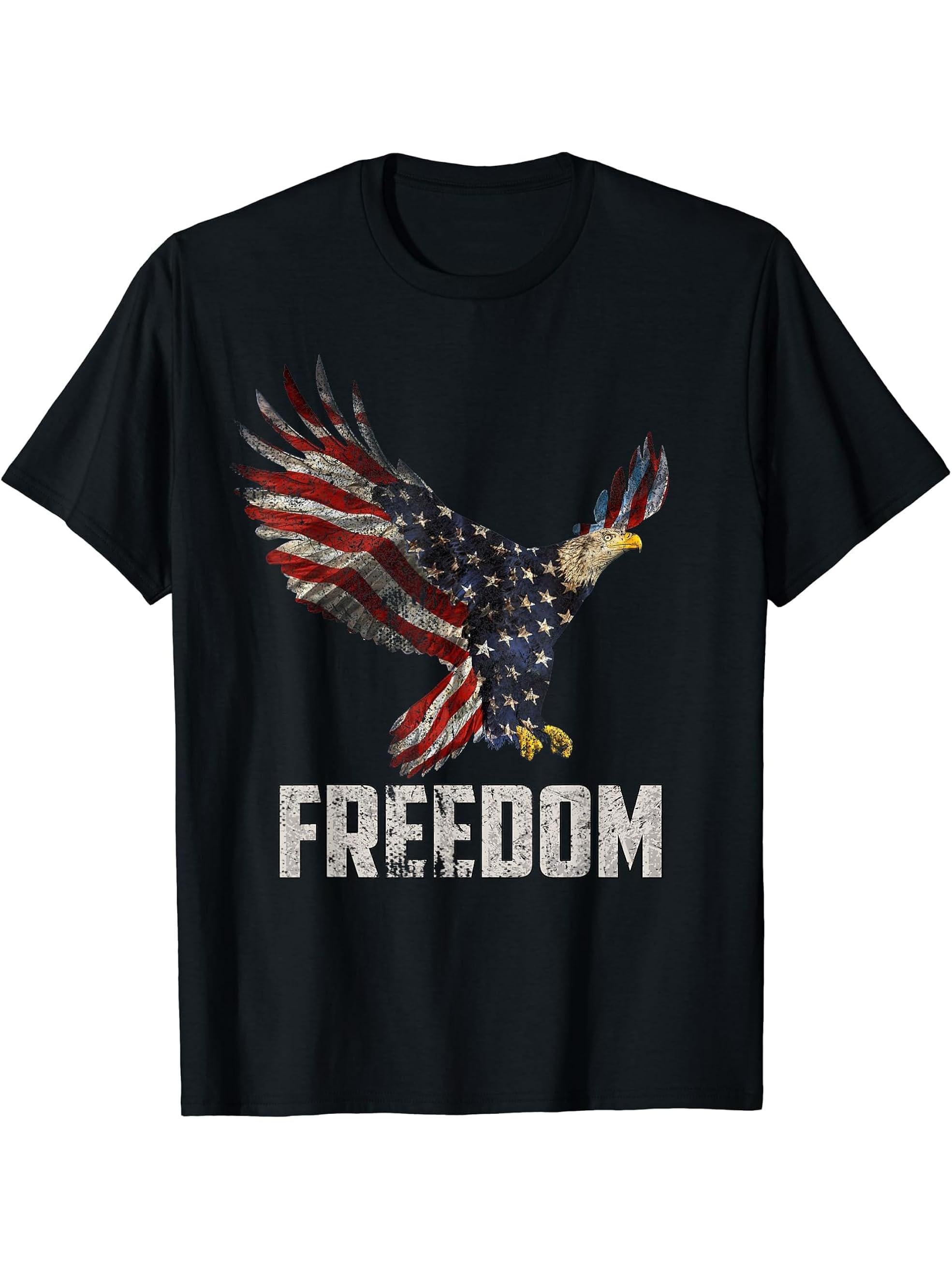 American Flag and Bald Eagle Patriotic T-Shirt 4th of July 180G 100% Cotton Printed Round Neck Short-Sleeve T-Shirt, Gifts for Men Dad Husband Grandpa, S-XXXL, Black