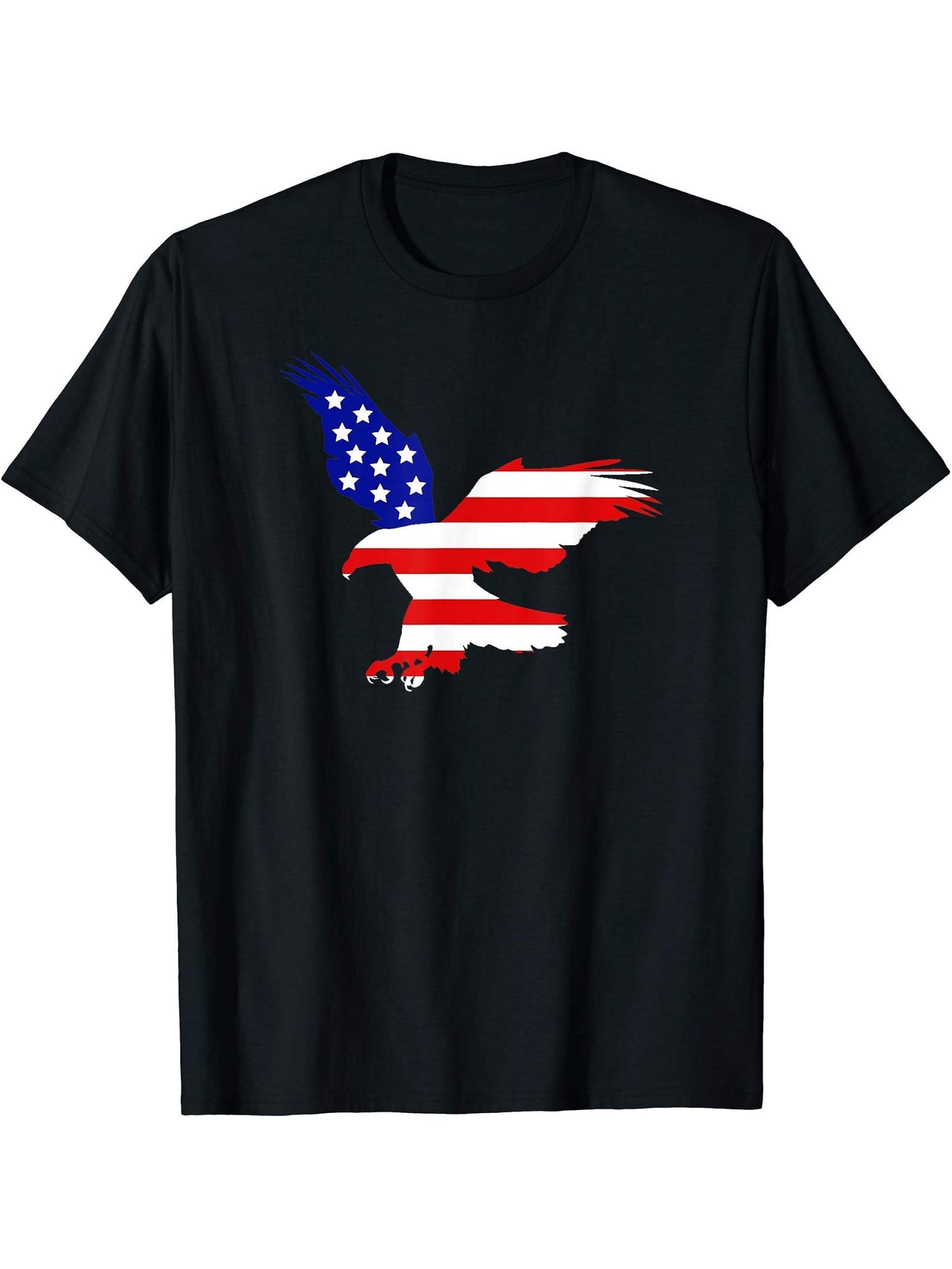 American Flag Bald Eagle Fourth of July T-Shirt 180G 100% Cotton Printed Round Neck Short-Sleeve T-Shirt, Gifts for Men Dad Husband Grandpa, S-XXXL, Black