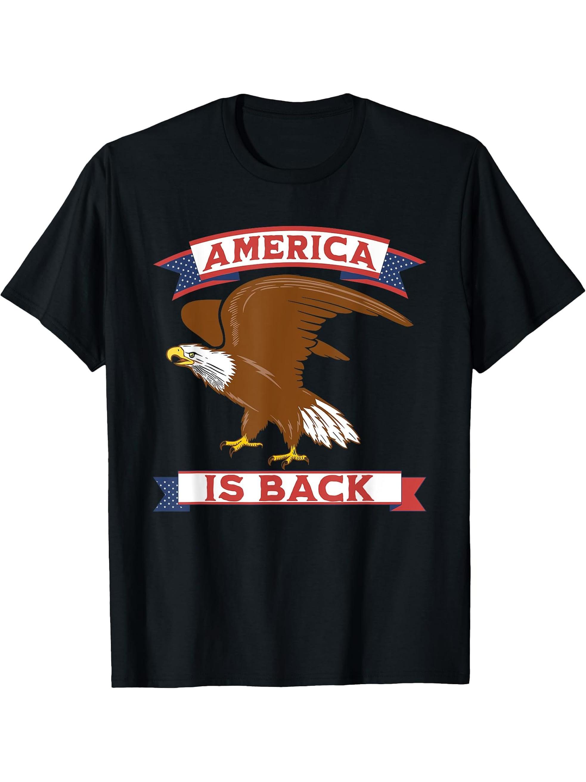 America Is Back World Standing Patriotic Bald Eagle Freedom T-Shirt 180G 100% Cotton Printed Round Neck Short-Sleeve T-Shirt, Gifts for Men Dad Husband Grandpa, S-XXXL, Black