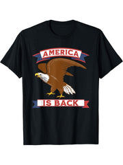 America Is Back World Standing Patriotic Bald Eagle Freedom T-Shirt 180G 100% Cotton Printed Round Neck Short-Sleeve T-Shirt, Gifts for Men Dad Husband Grandpa, S-XXXL, Black