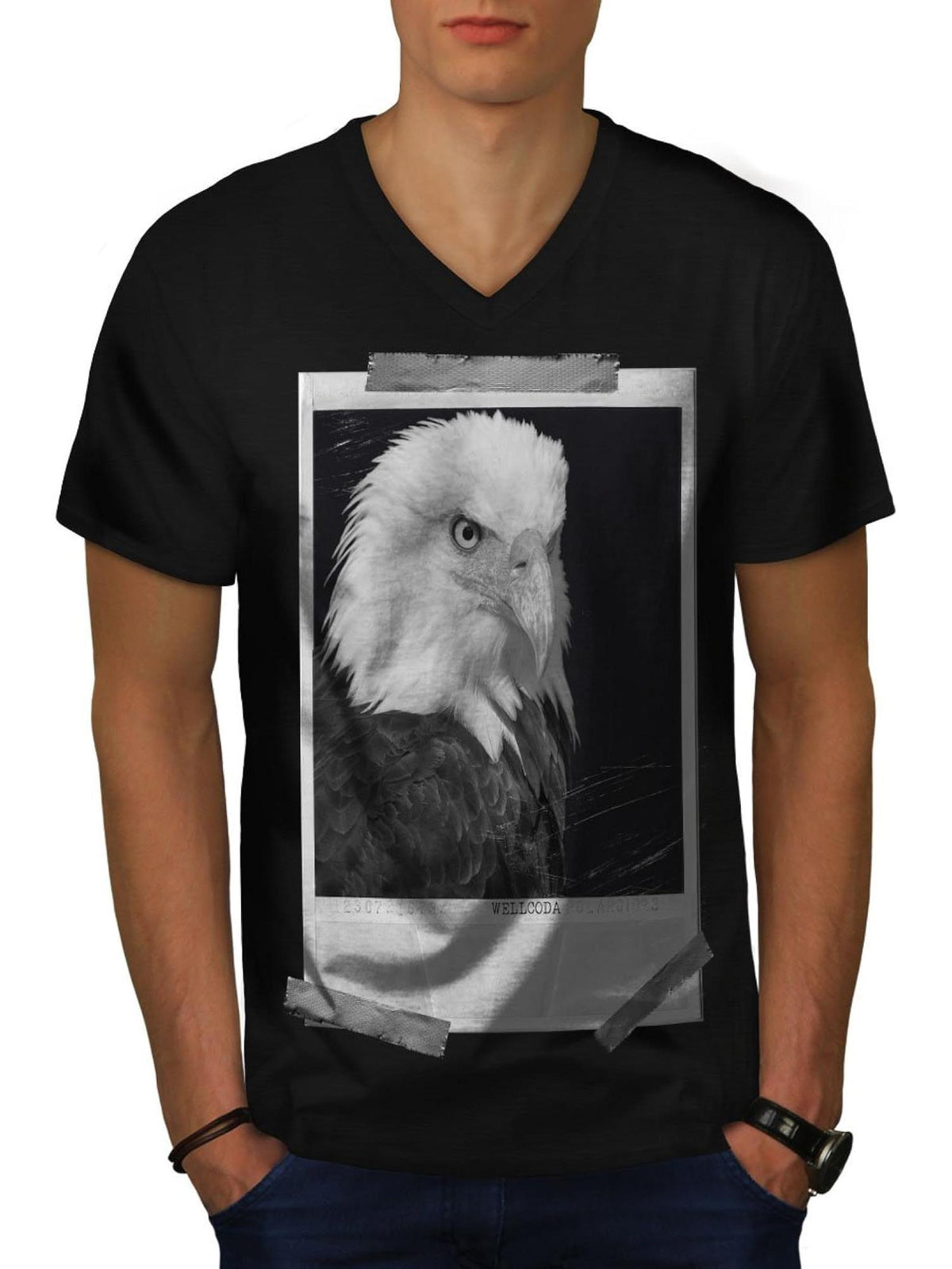 Bald Eagle Mens V-Neck T-Shirt, Picture Graphic Print Tee 180G 100% Cotton Printed Round Neck Short-Sleeve T-Shirt, Gifts for Men Dad Husband Grandpa, S-XXXL, Black