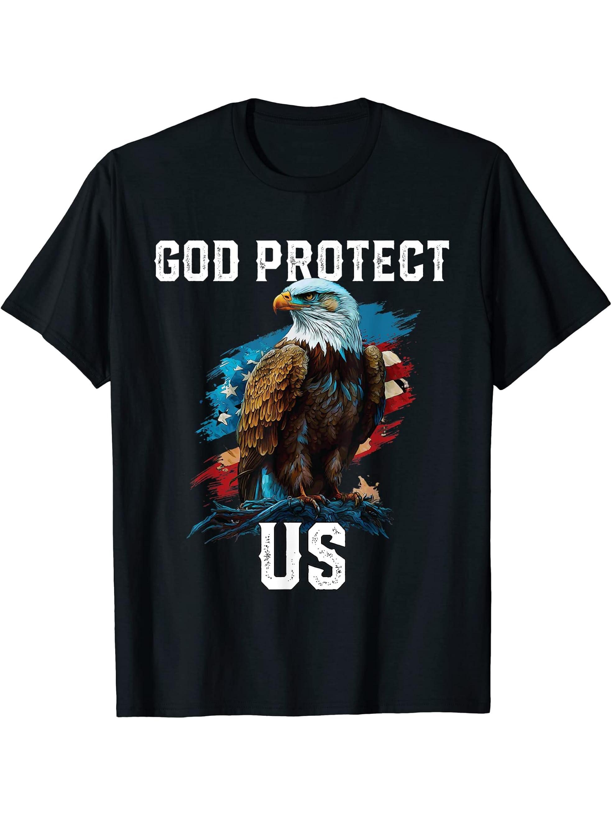 God Protect US American Bald Eagle Christian 4th Of July T-Shirt 180G 100% Cotton Printed Round Neck Short-Sleeve T-Shirt, Gifts for Men Dad Husband Grandpa, S-XXXL, Black