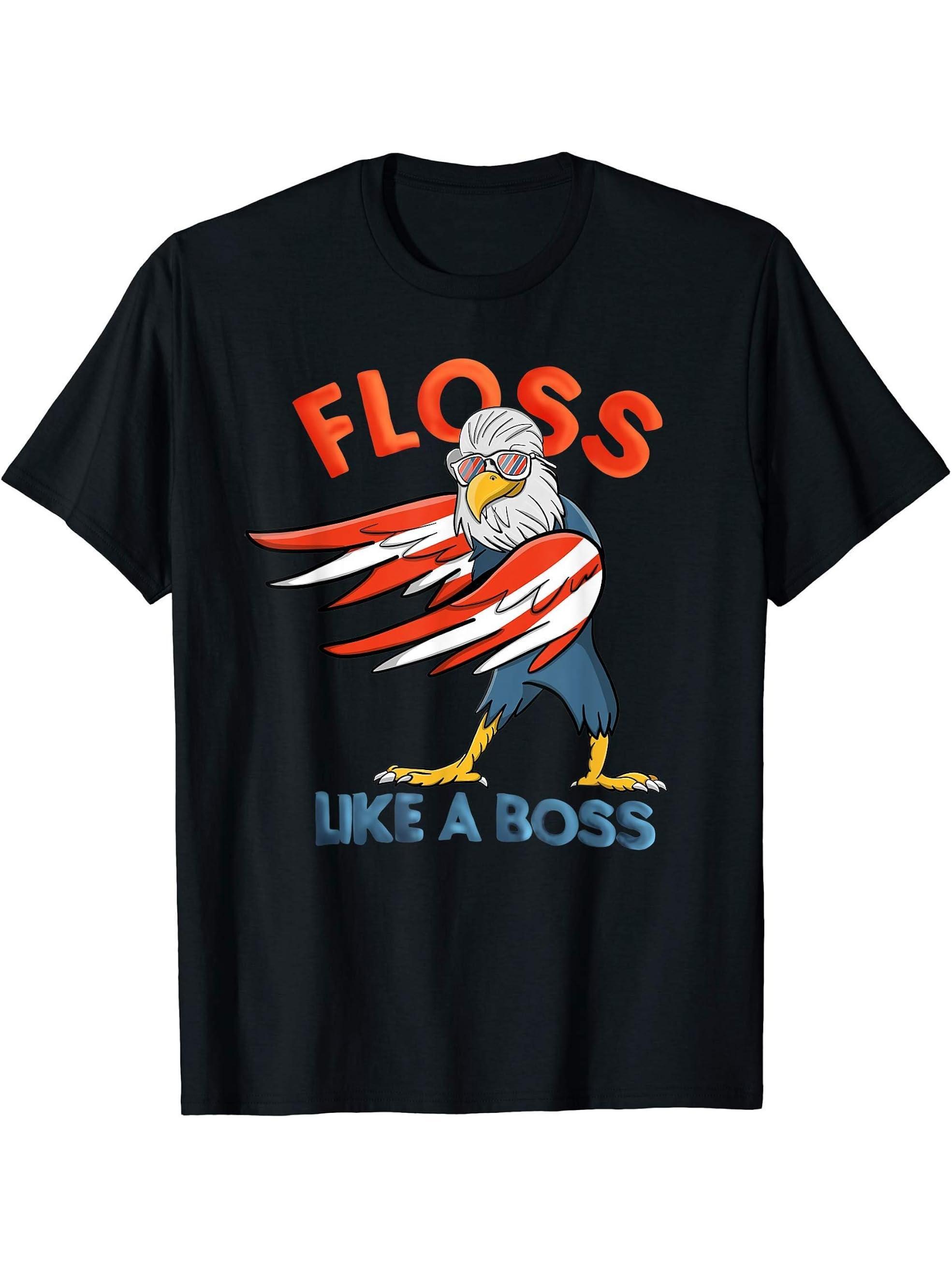 Fourth of July Floss Like A Boss American Flag Bald Eagle T-Shirt 180G 100% Cotton Printed Round Neck Short-Sleeve T-Shirt, Gifts for Men Dad Husband Grandpa, S-XXXL, Black