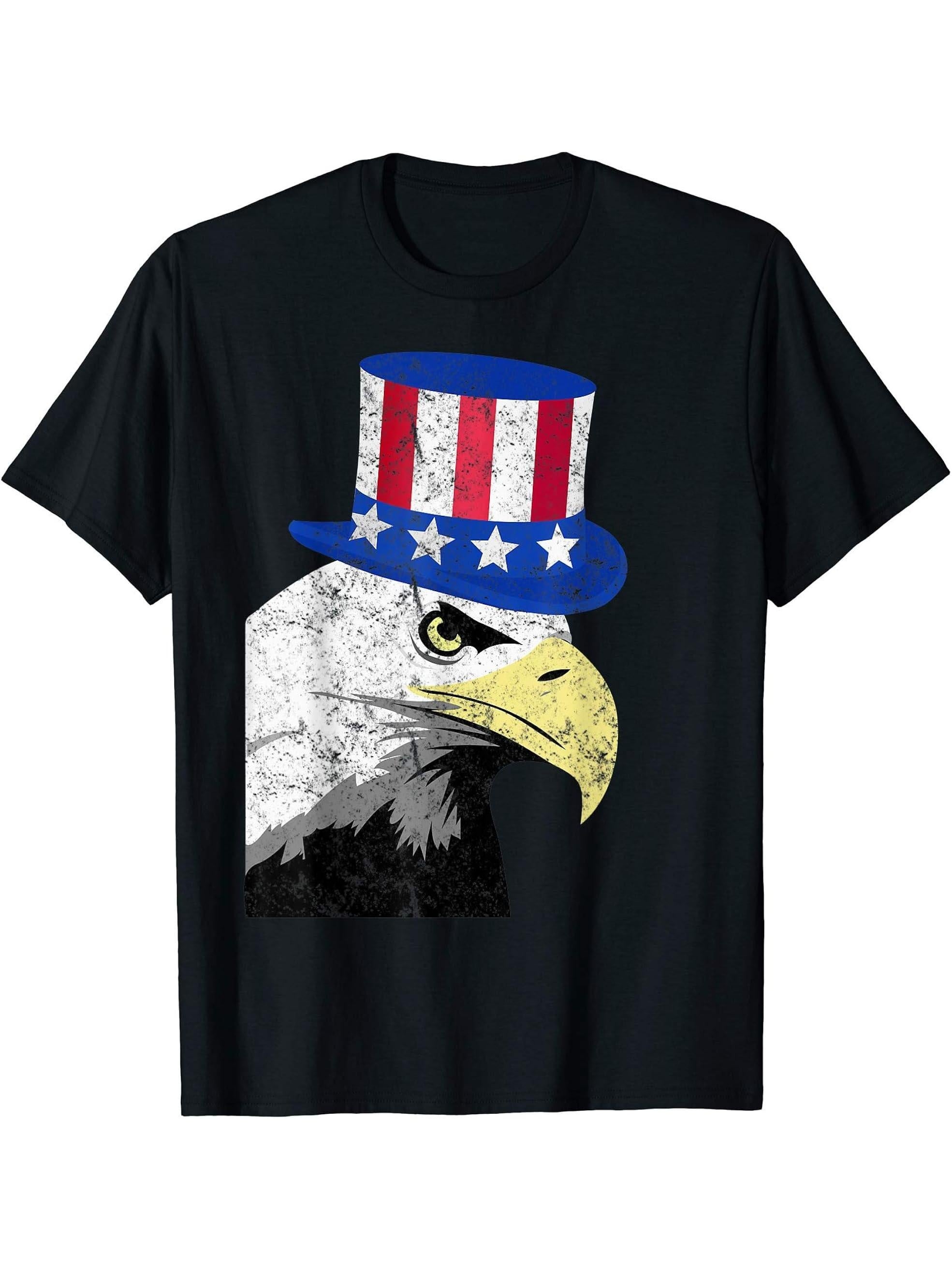 Funny 4th of July Gift American Flag Hat Bald Eagle T-Shirt 180G 100% Cotton Printed Round Neck Short-Sleeve T-Shirt, Gifts for Men Dad Husband Grandpa, S-XXXL, Black