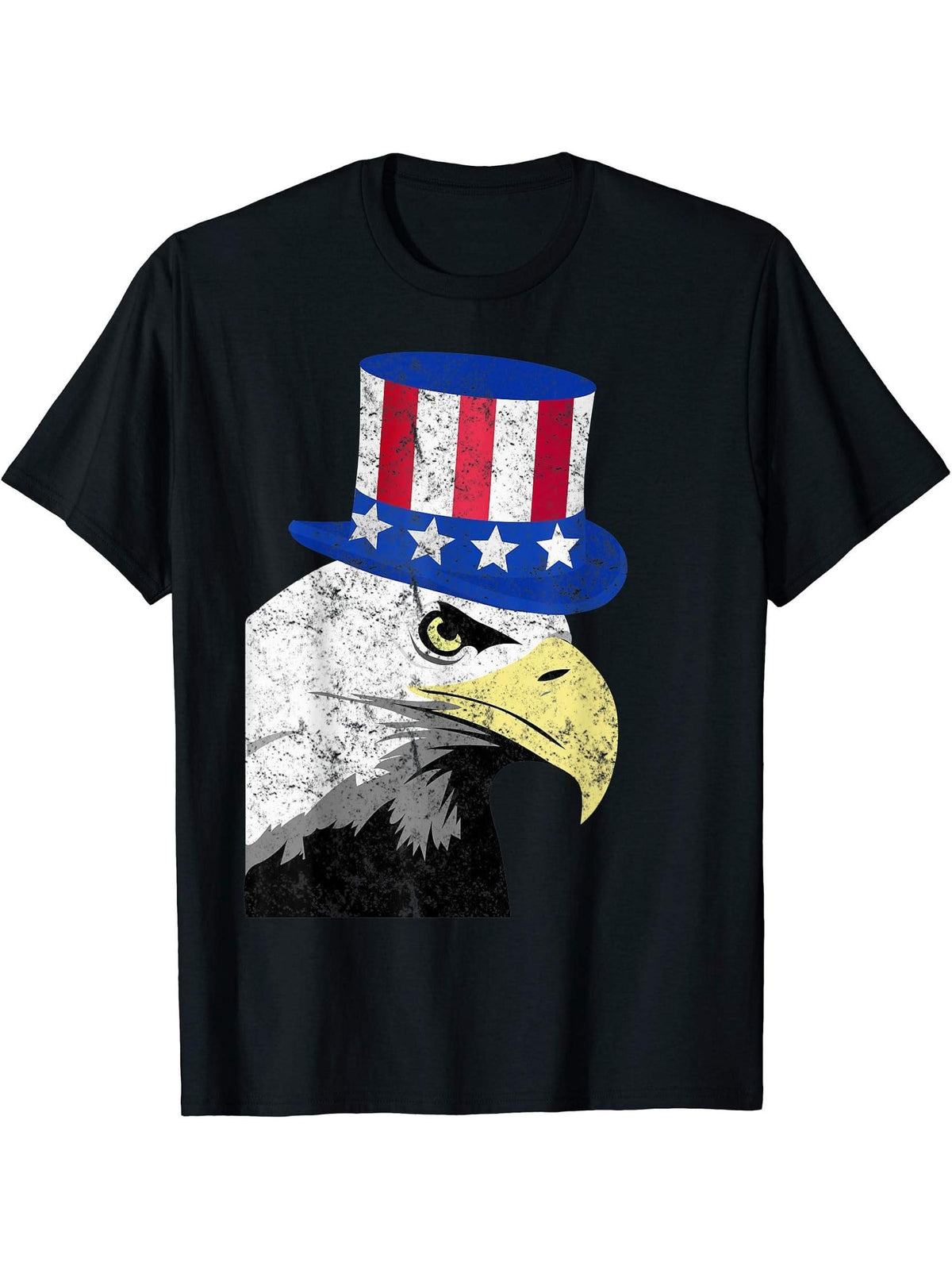 Funny 4th of July Gift American Flag Hat Bald Eagle T-Shirt 180G 100% Cotton Printed Round Neck Short-Sleeve T-Shirt, Gifts for Men Dad Husband Grandpa, S-XXXL, Black